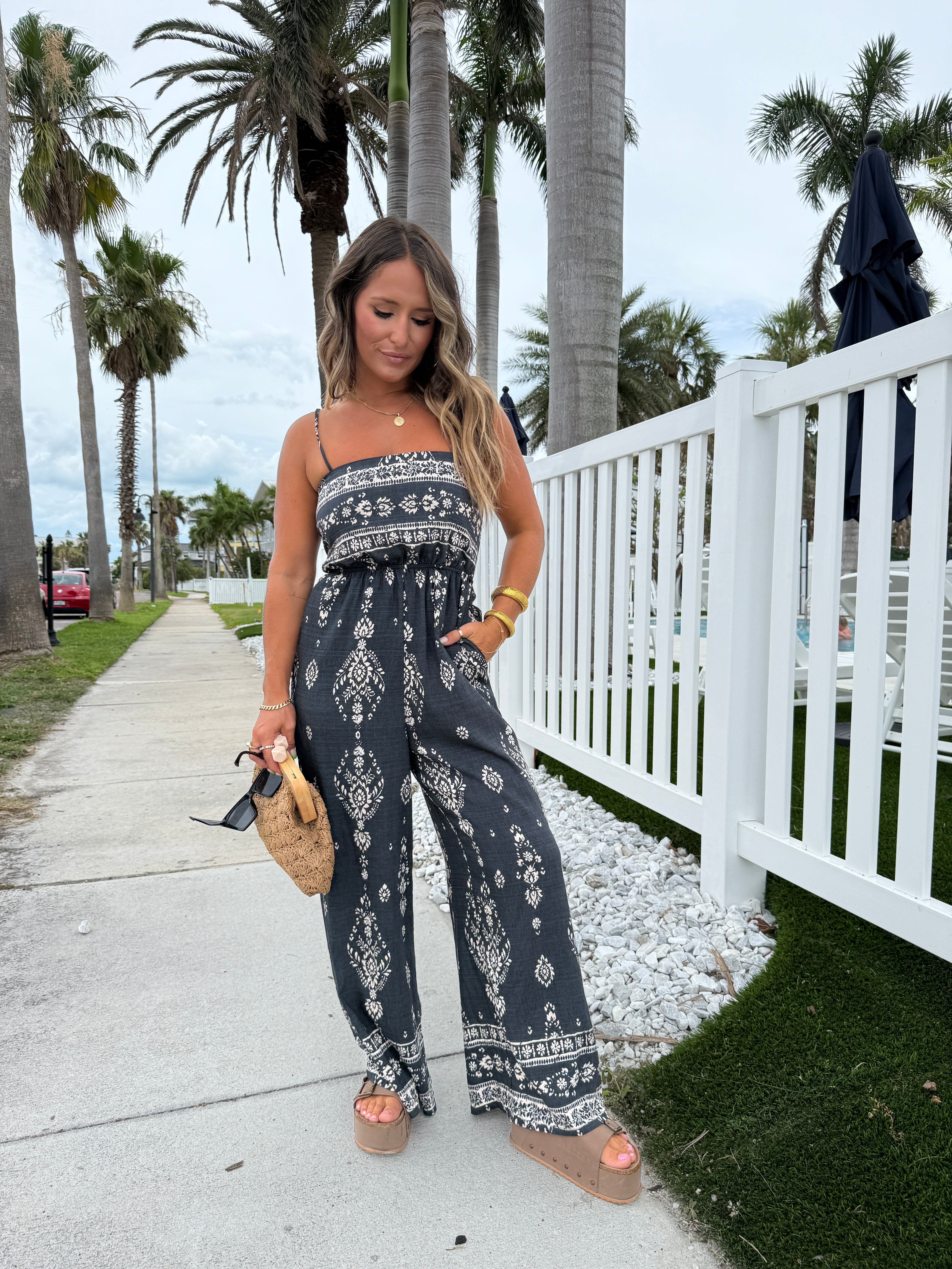 South of the Boarder Smocked Jumpsuit Navy