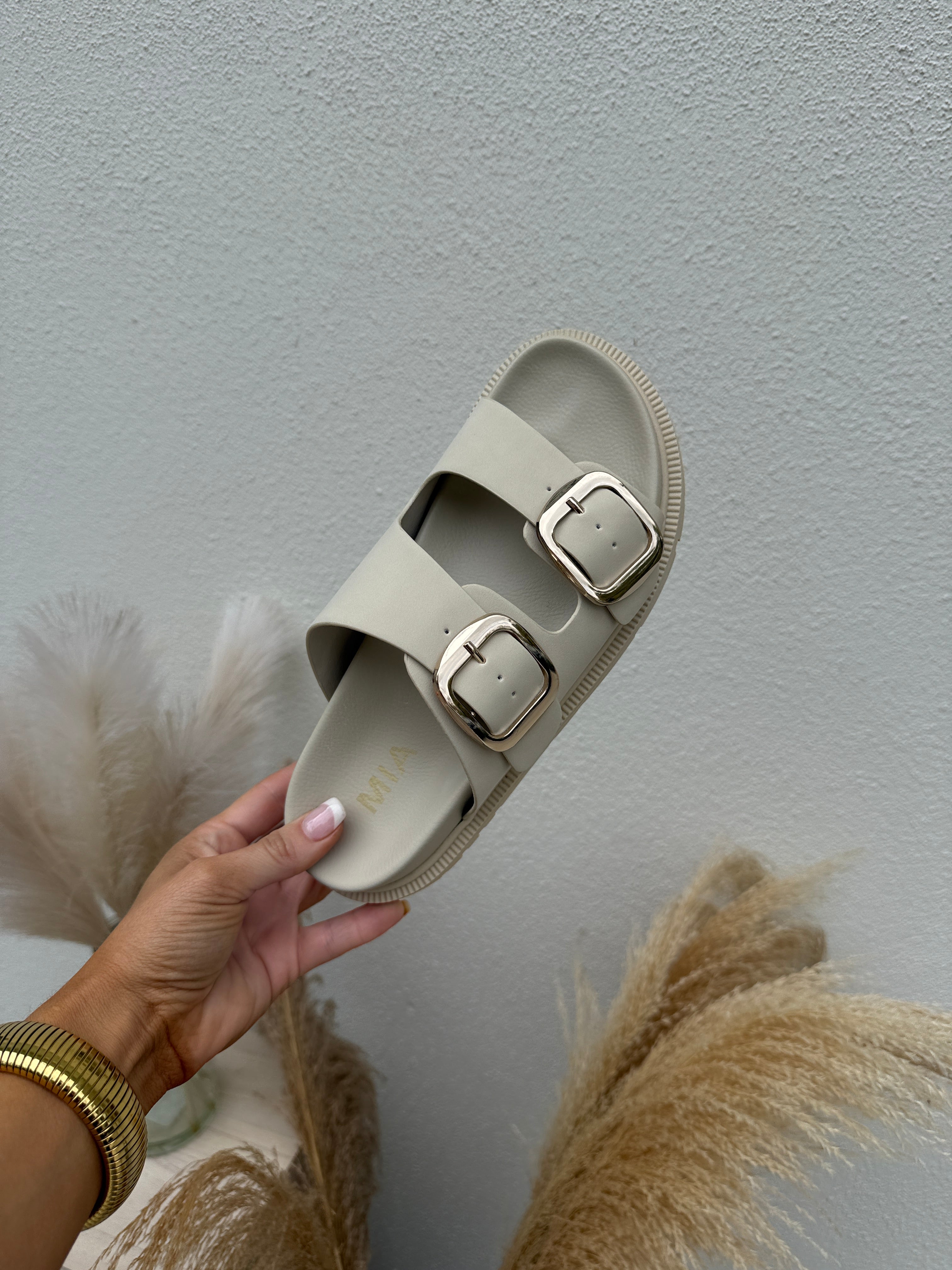 Bursue Double Strap Slides Beige