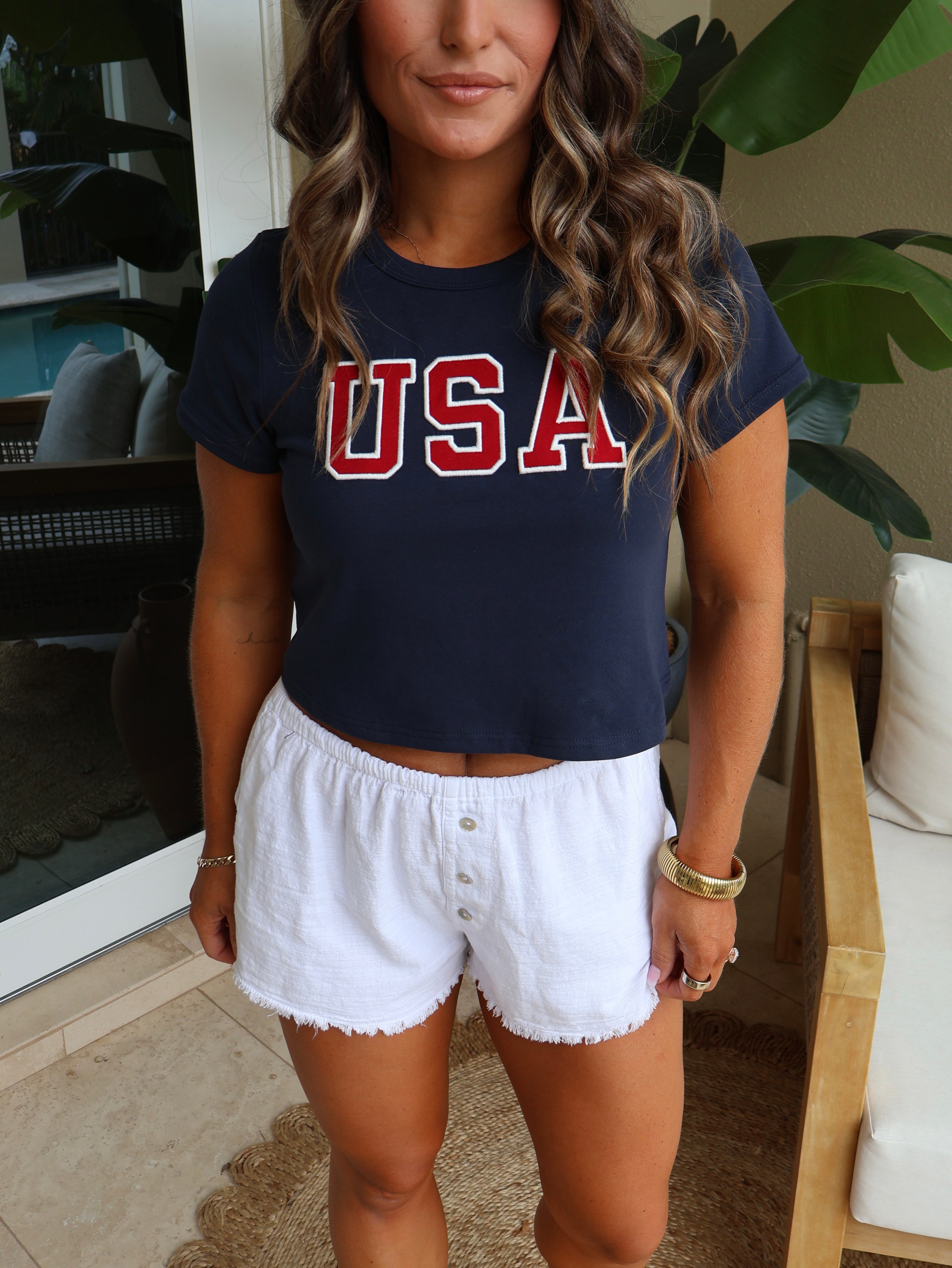 USA Embroidered Baby Tee Navy/Red