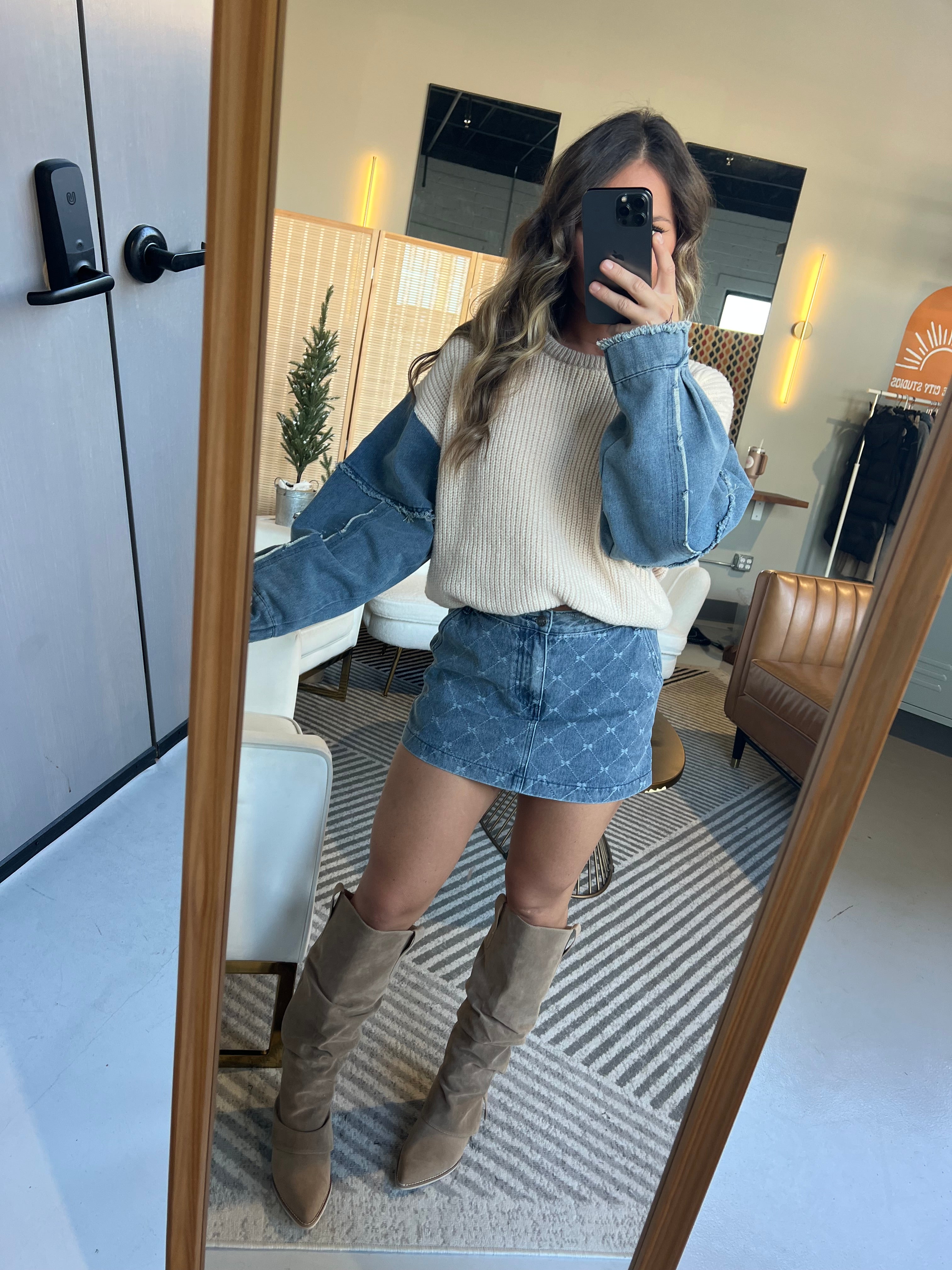 Fall Foliage Denim Sleeve Sweater Oatmeal