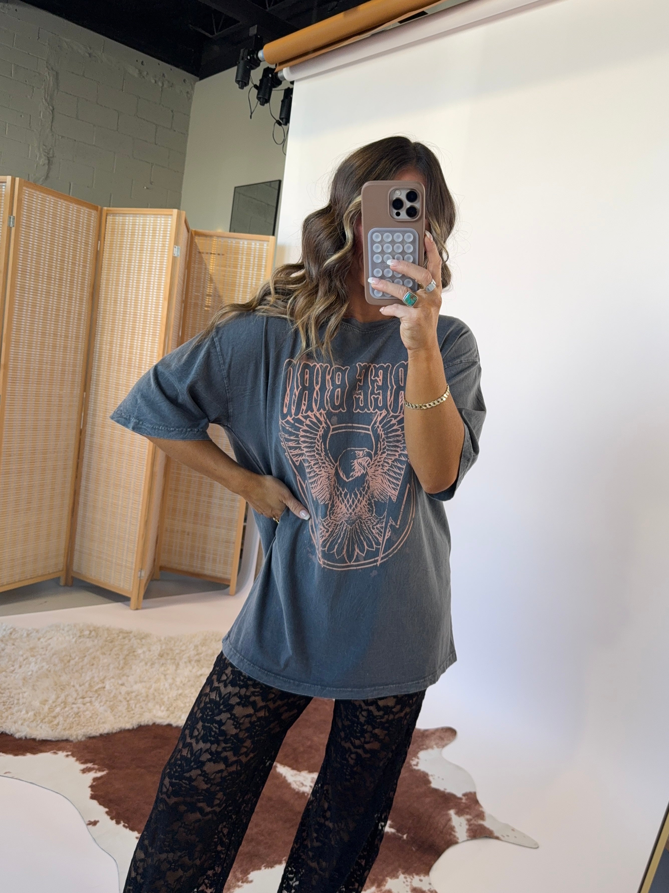 Free Bird Graphic Tee Charcoal/Coral