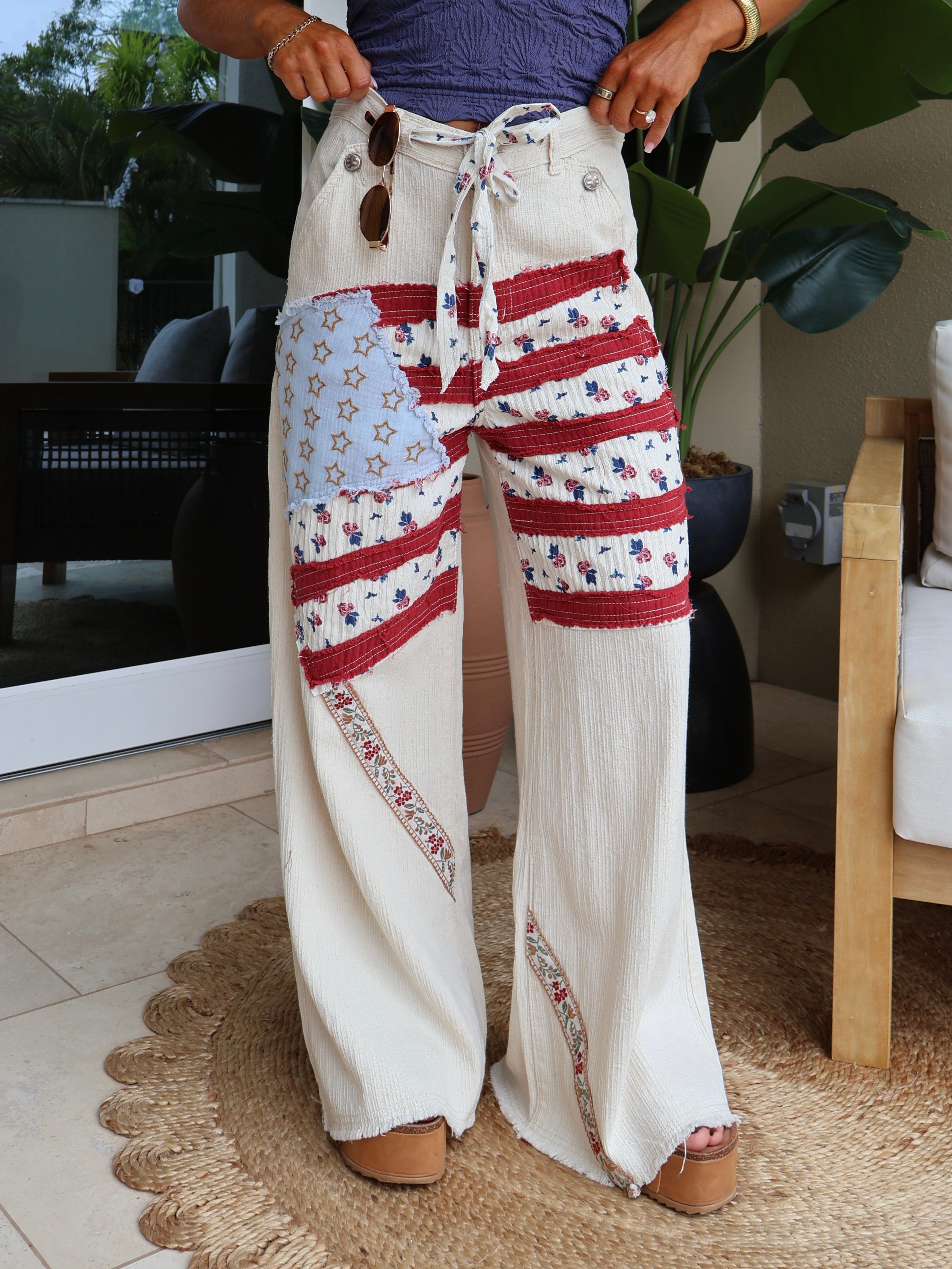Old Glory Boho Flag Patchwork Pants Oatmeal