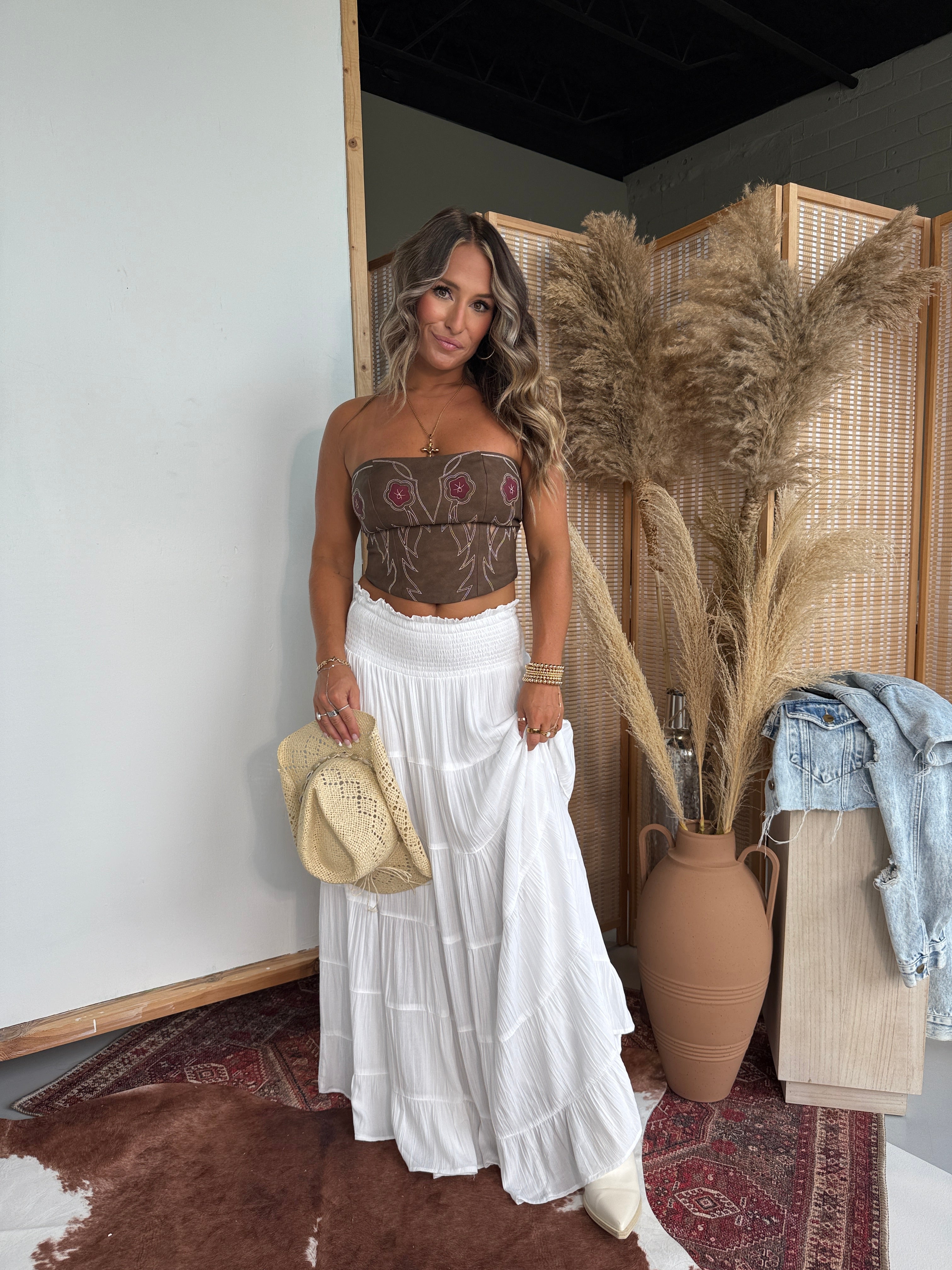 Hayloft Honey Tiered Maxi Skirt White