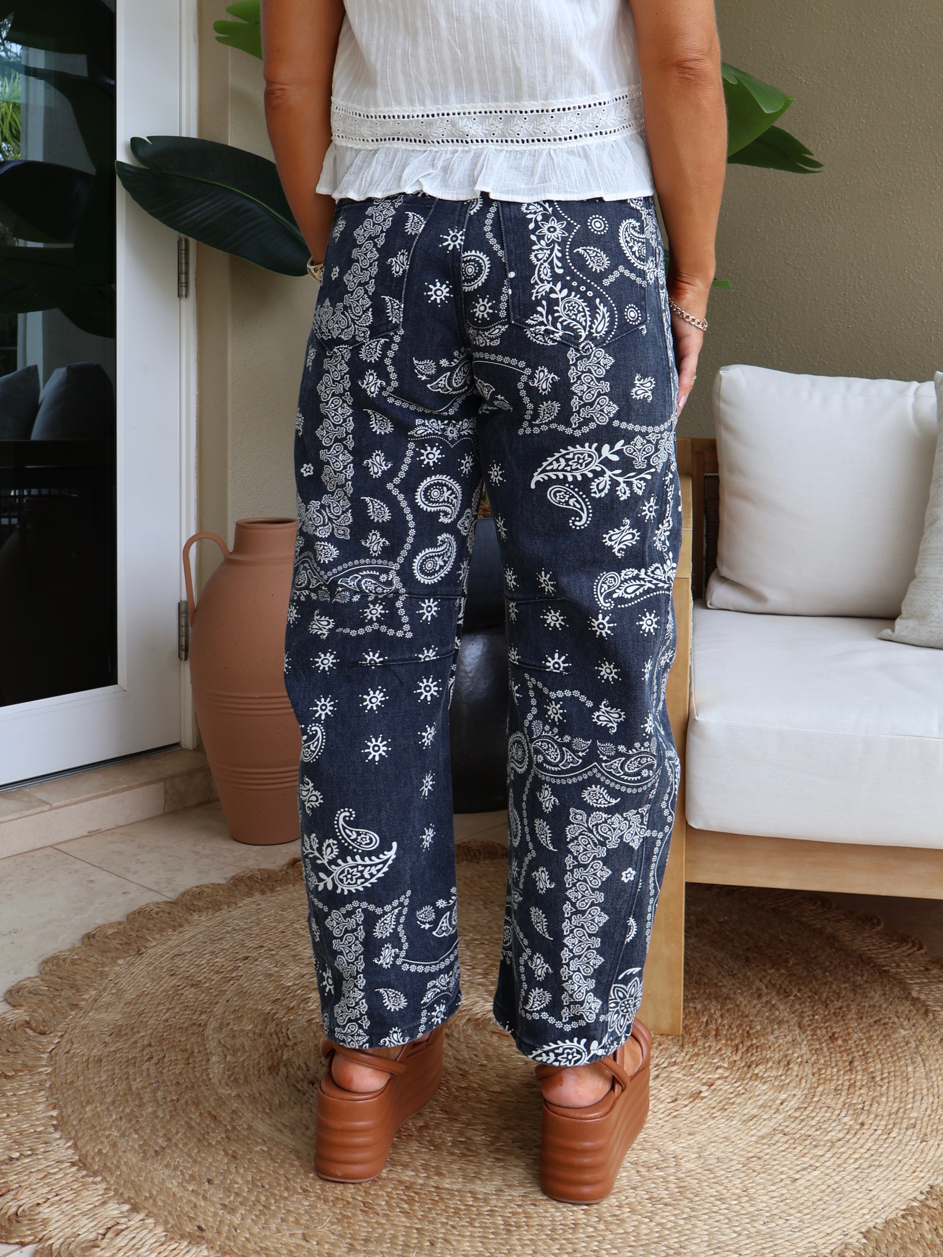 Midnight Paisley Denim Barrel Jeans Navy