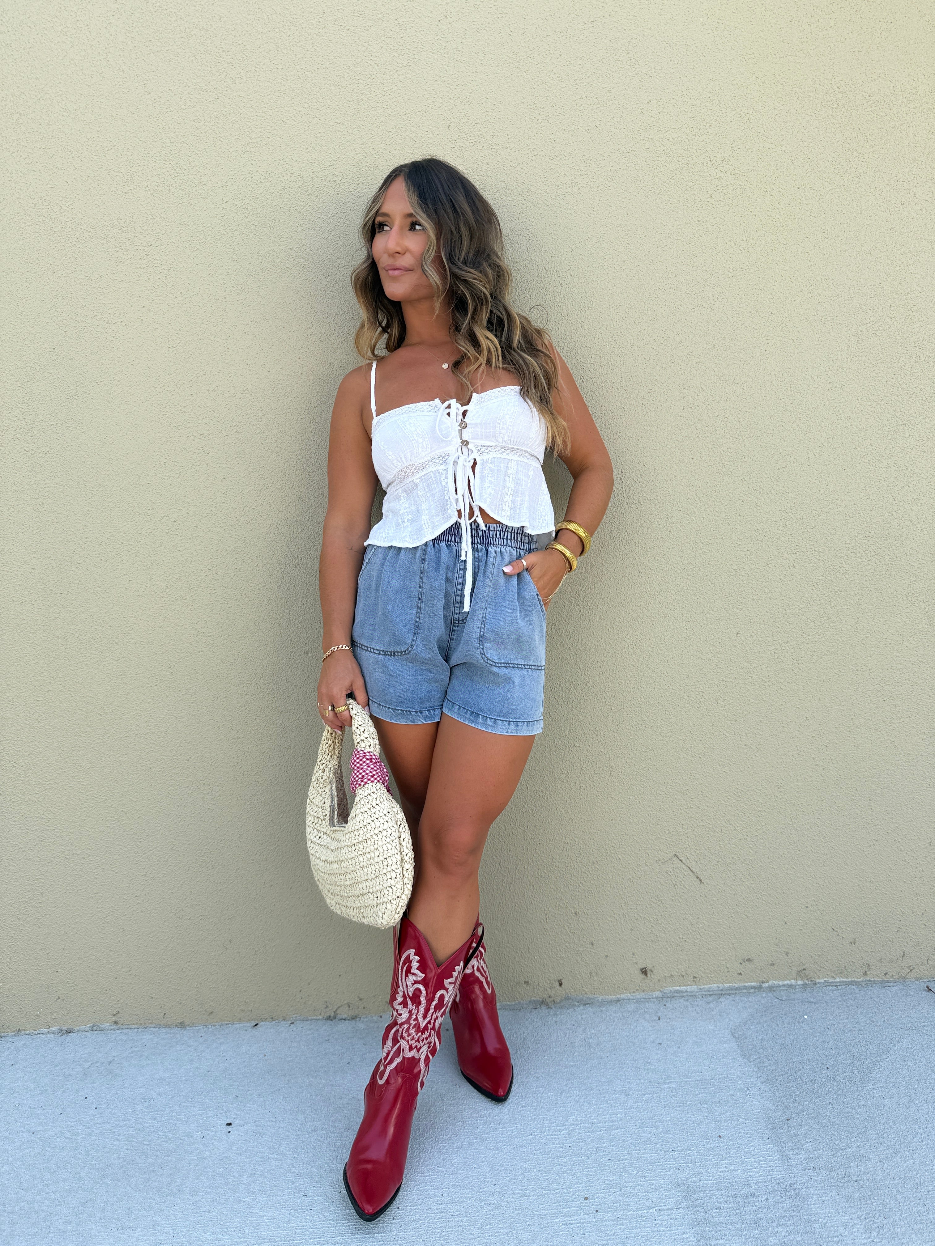 Clear Blue Skies Flowy Shorts Chambray