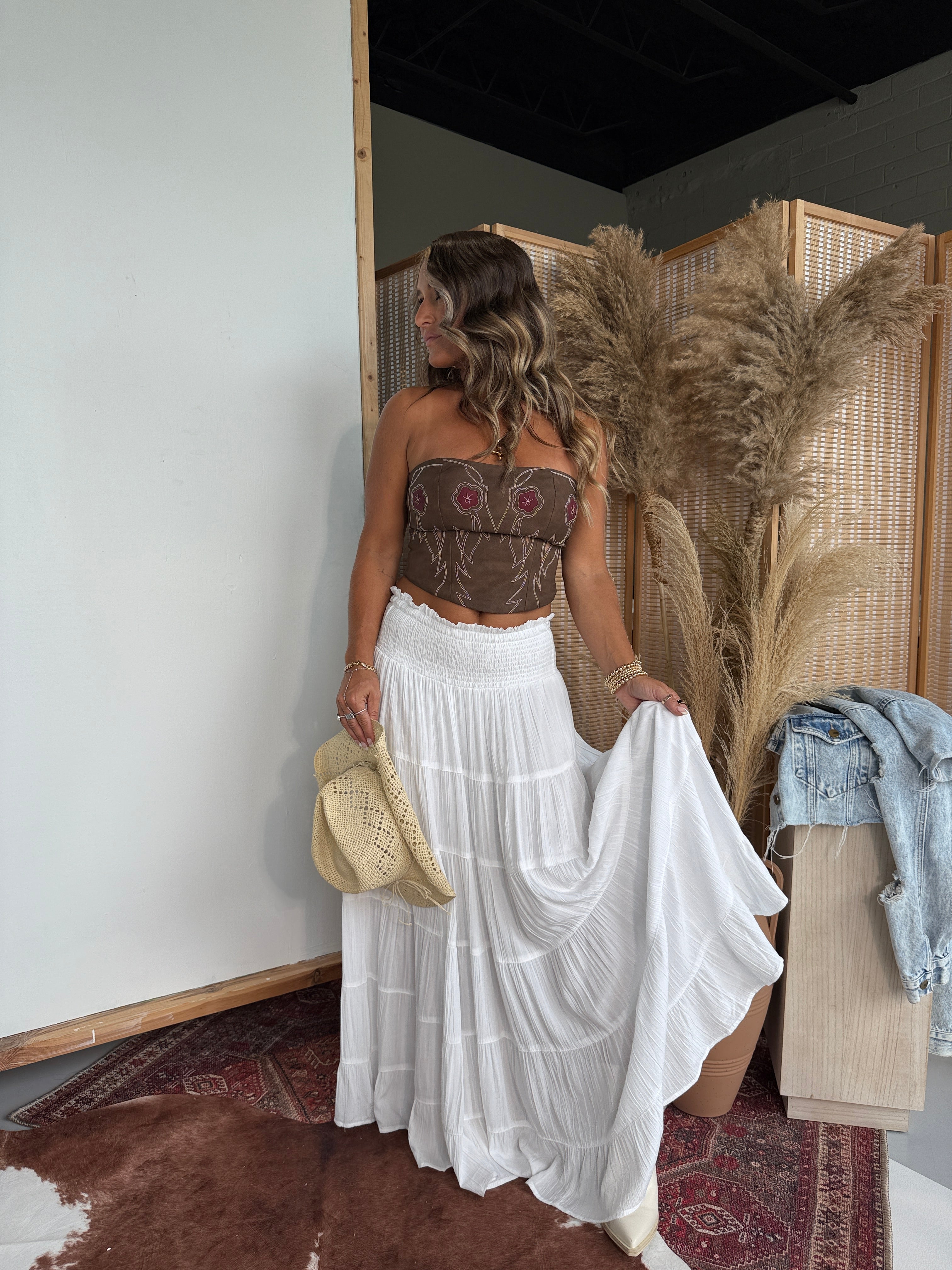 Hayloft Honey Tiered Maxi Skirt White