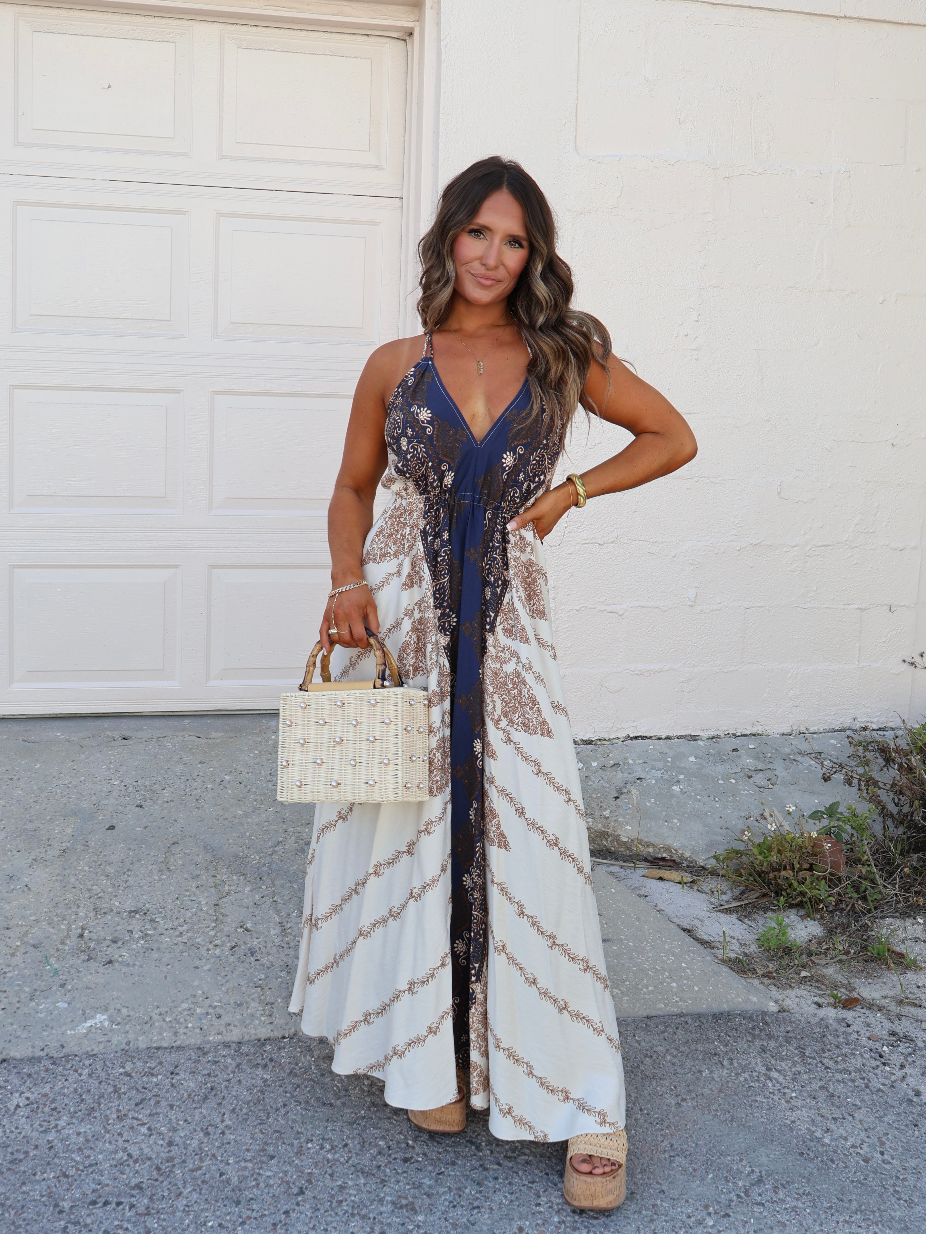 Boho Fields Halter Dress Oat/Navy