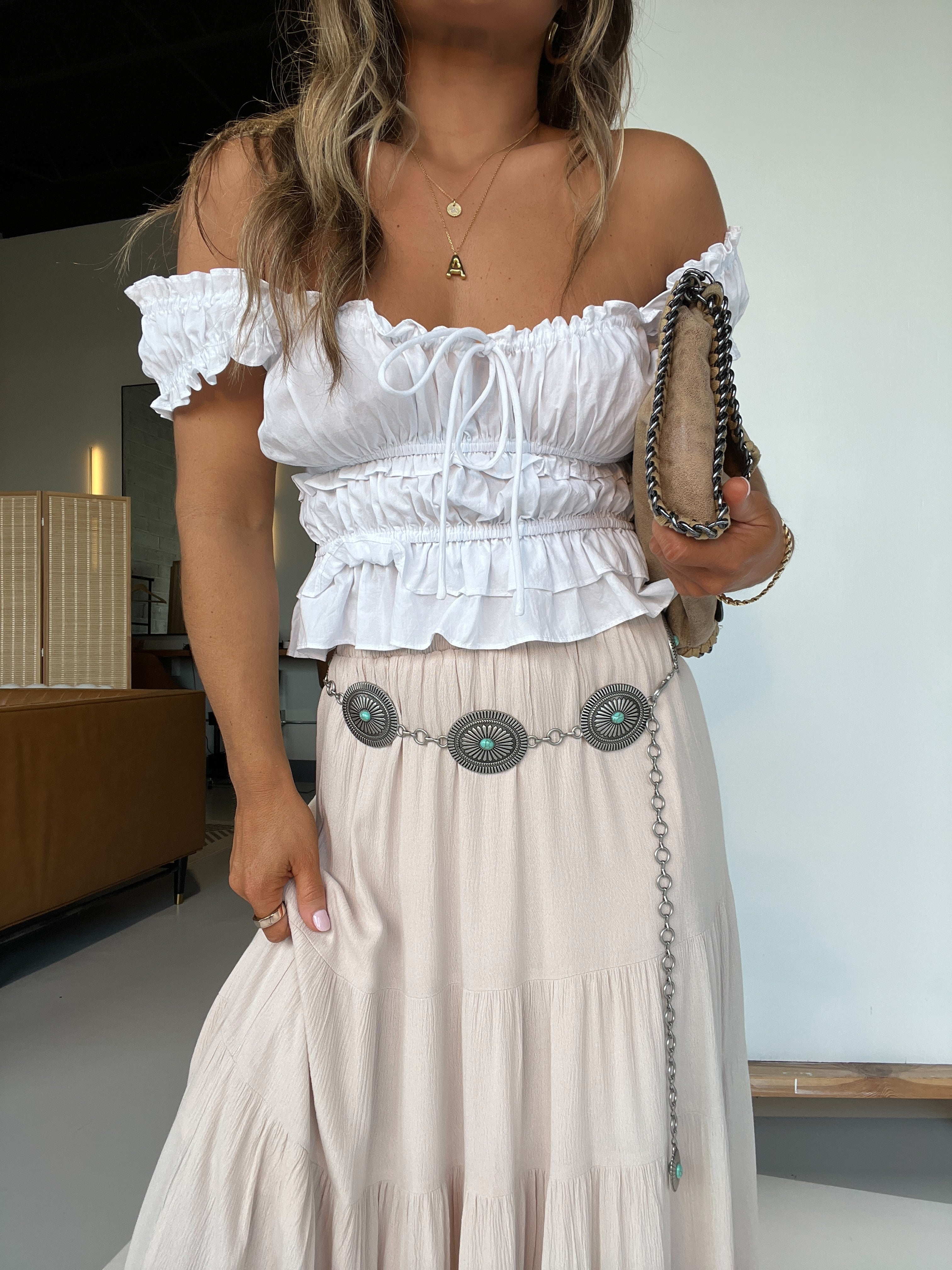 Turquoise Oval Western Chain Belt Silver