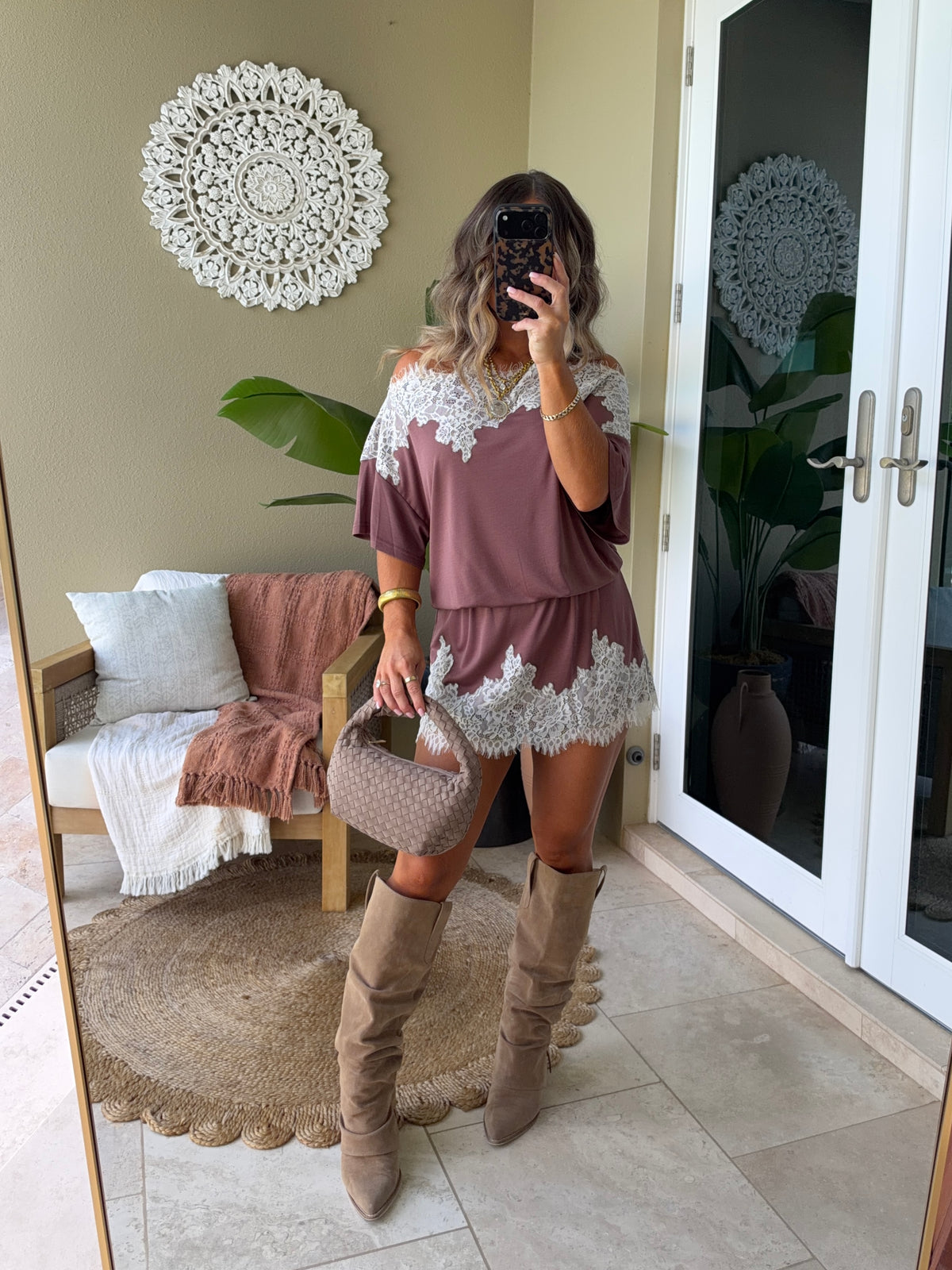 October Rose Lace Trim Dress Chocolate