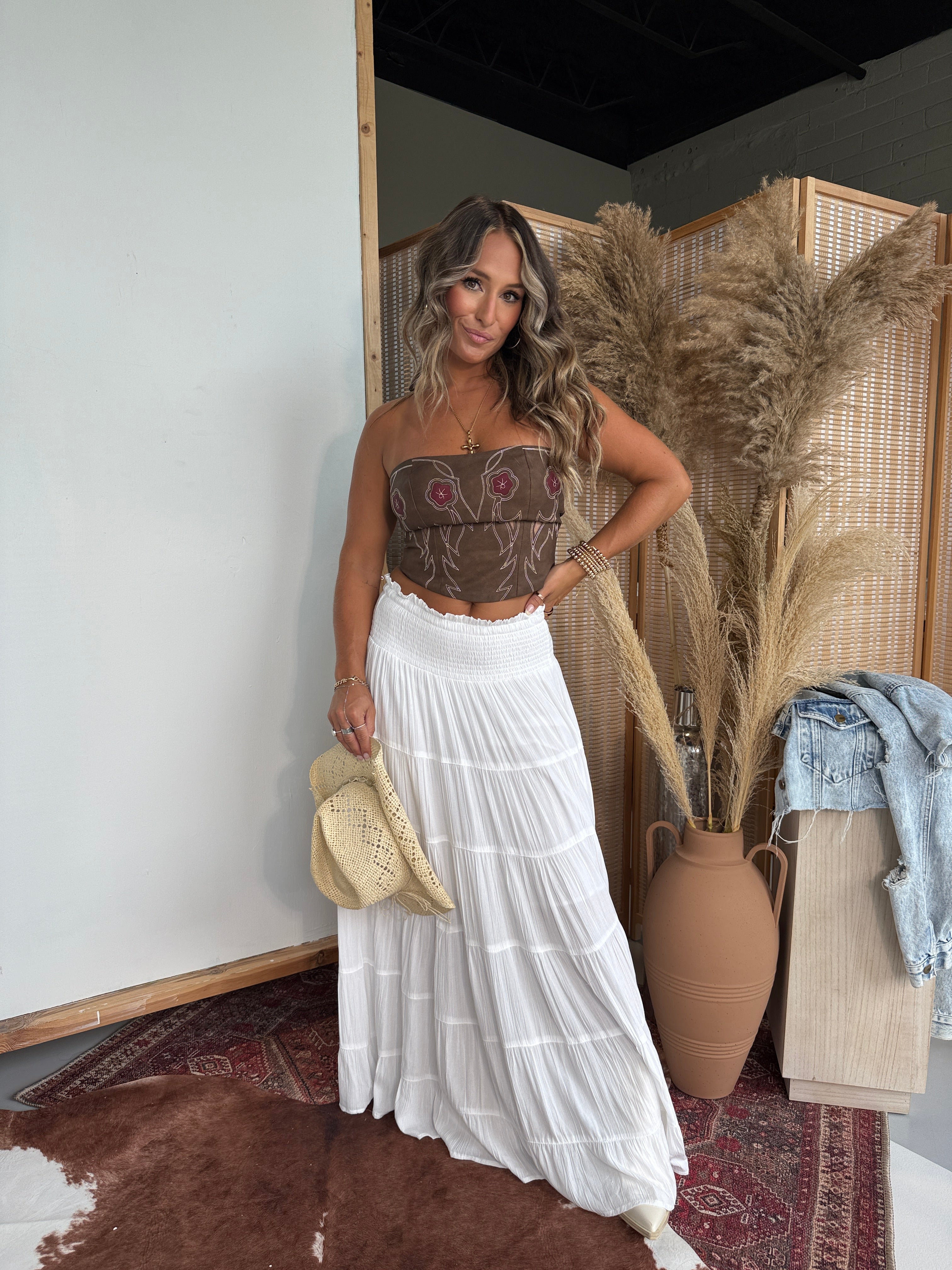 Hayloft Honey Tiered Maxi Skirt White