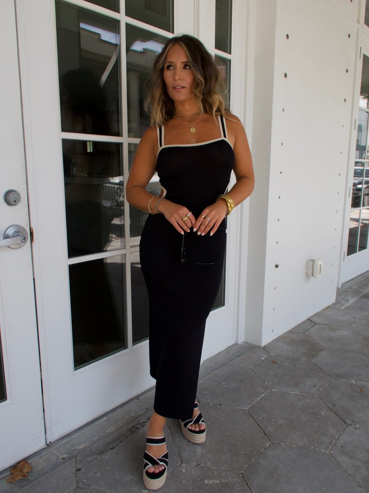 Beachside Contrast Knit Midi Dress Black