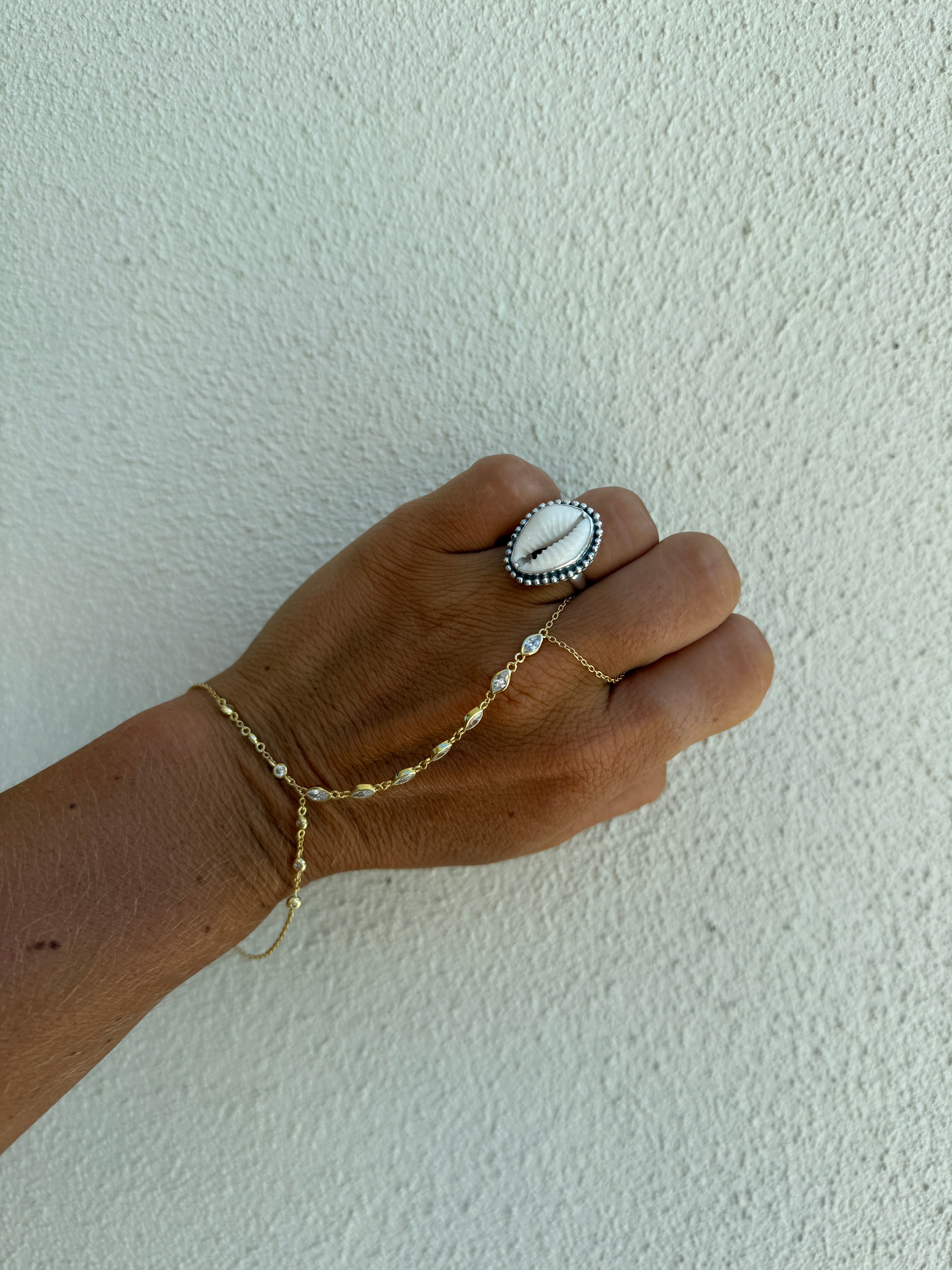 Beaded Cowrie Shell Ring Silver