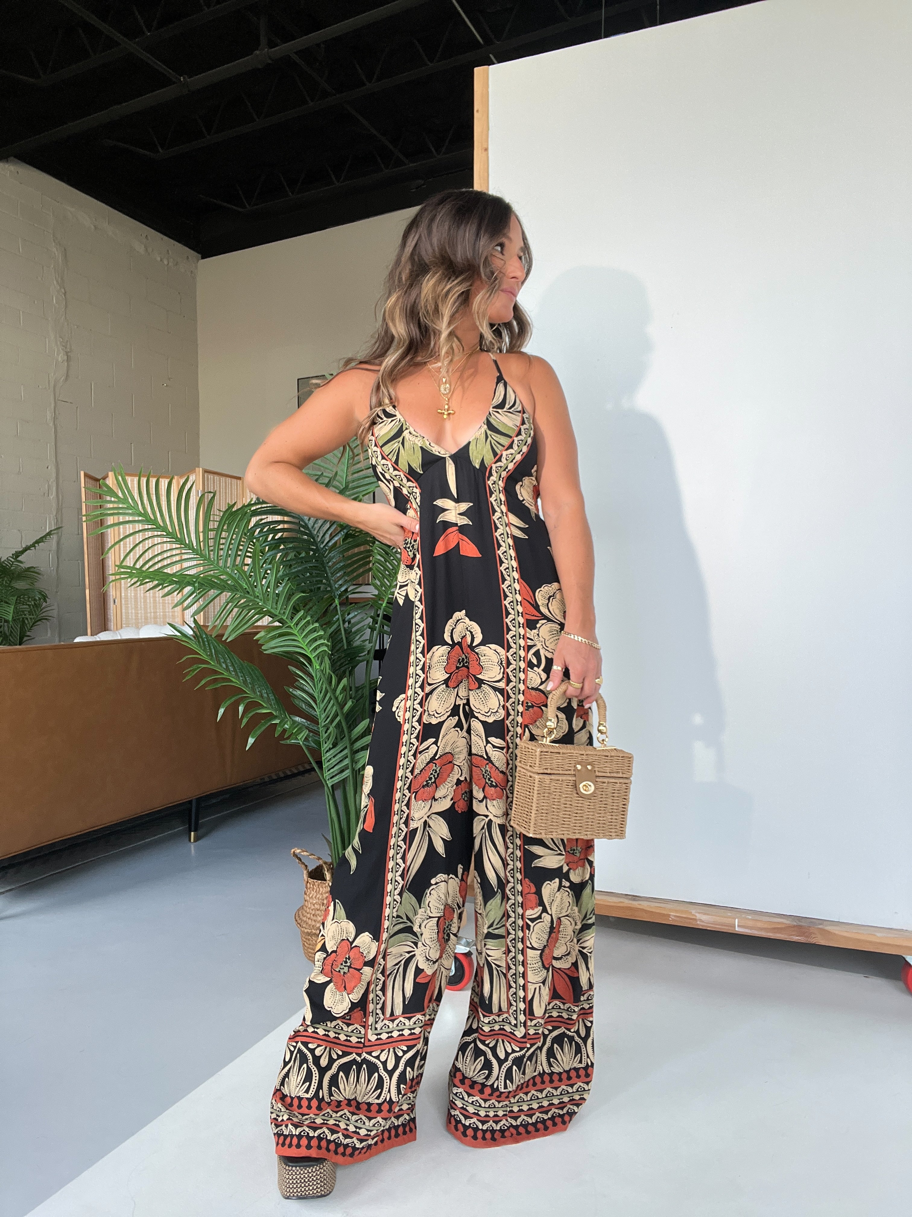 Milos Floral Boho Halter Jumpsuit Black