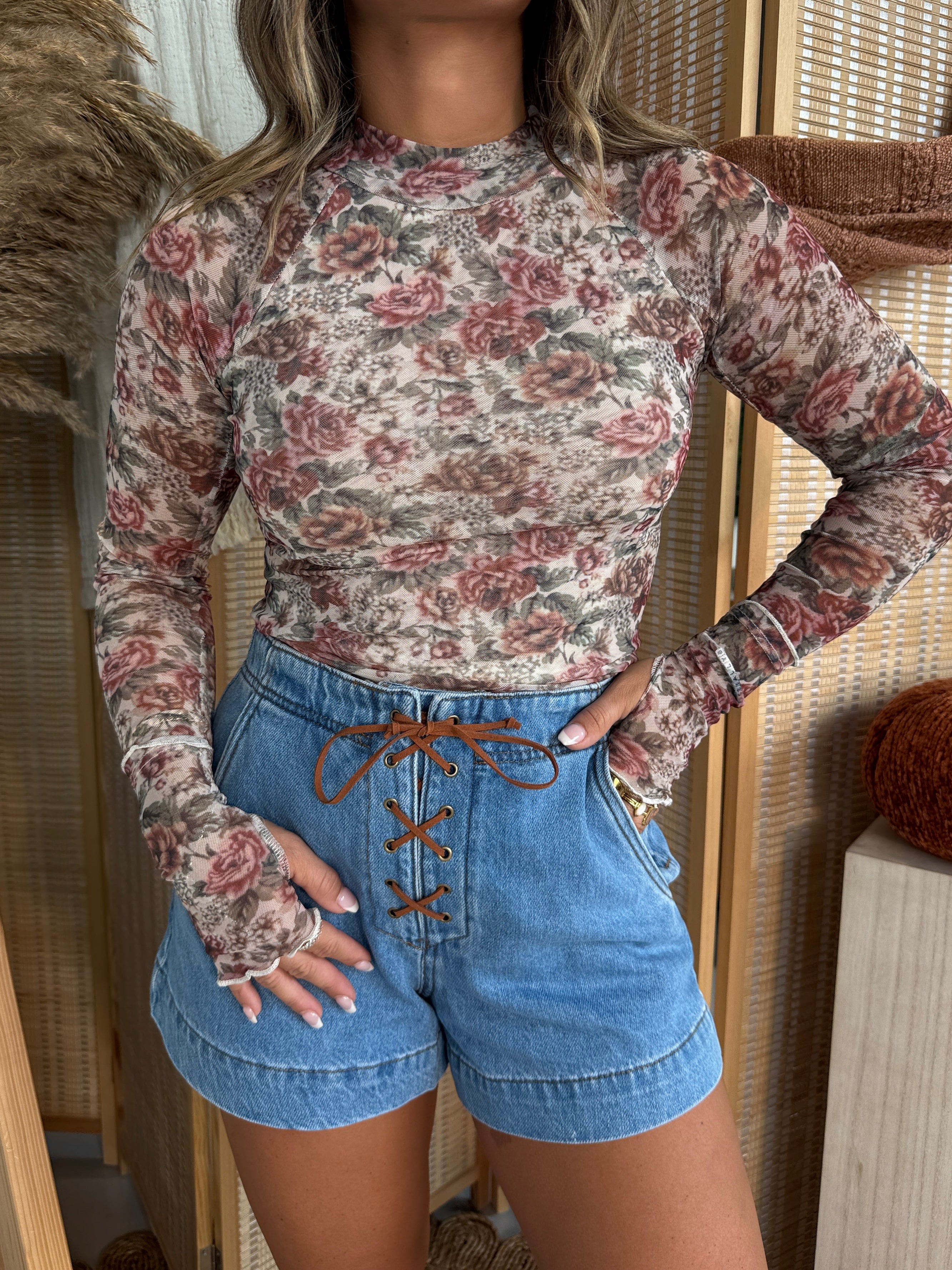 September Nights Lace Up Shorts Denim