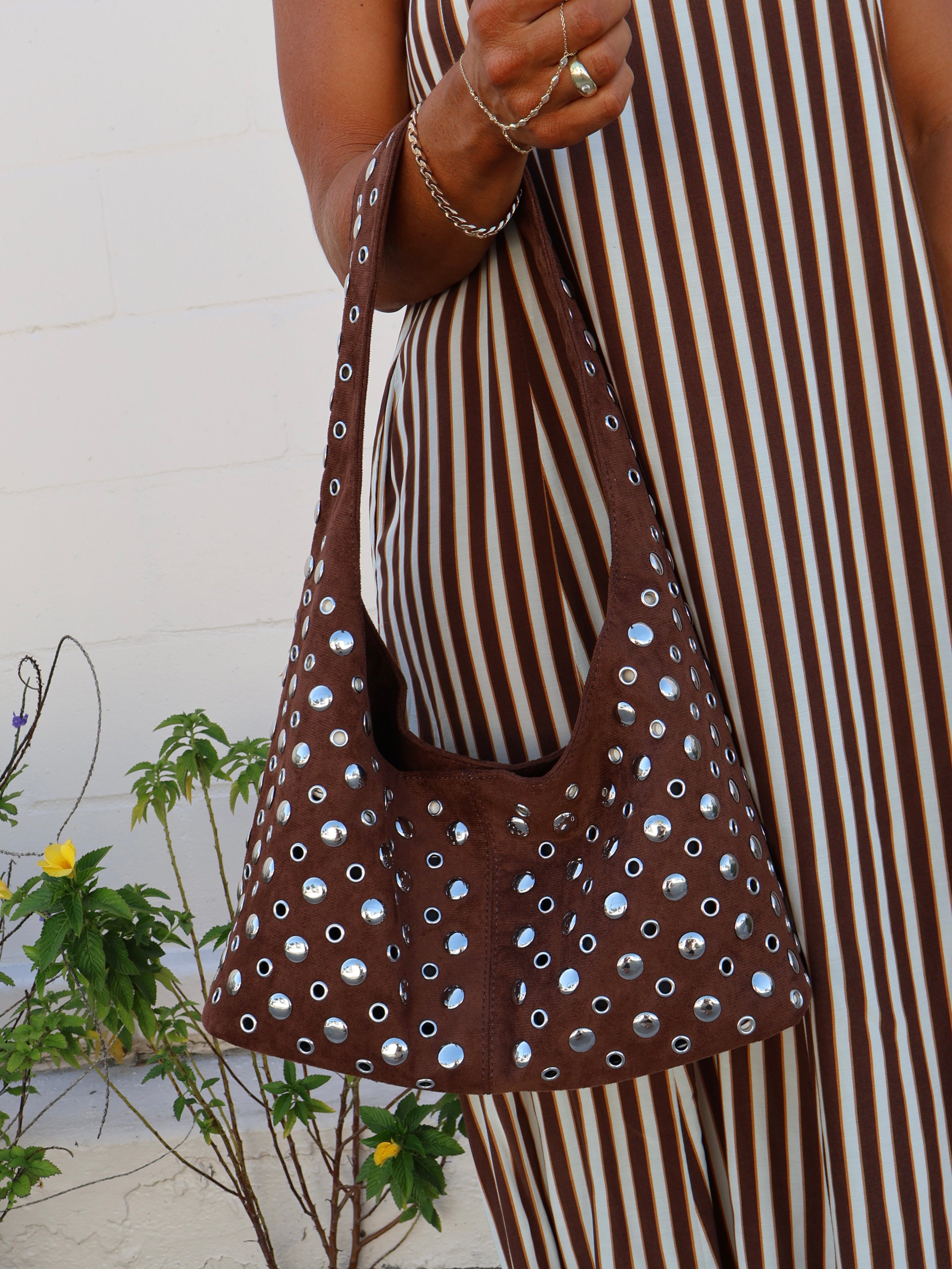 Veronica Studded Shoulder Bag Brown
