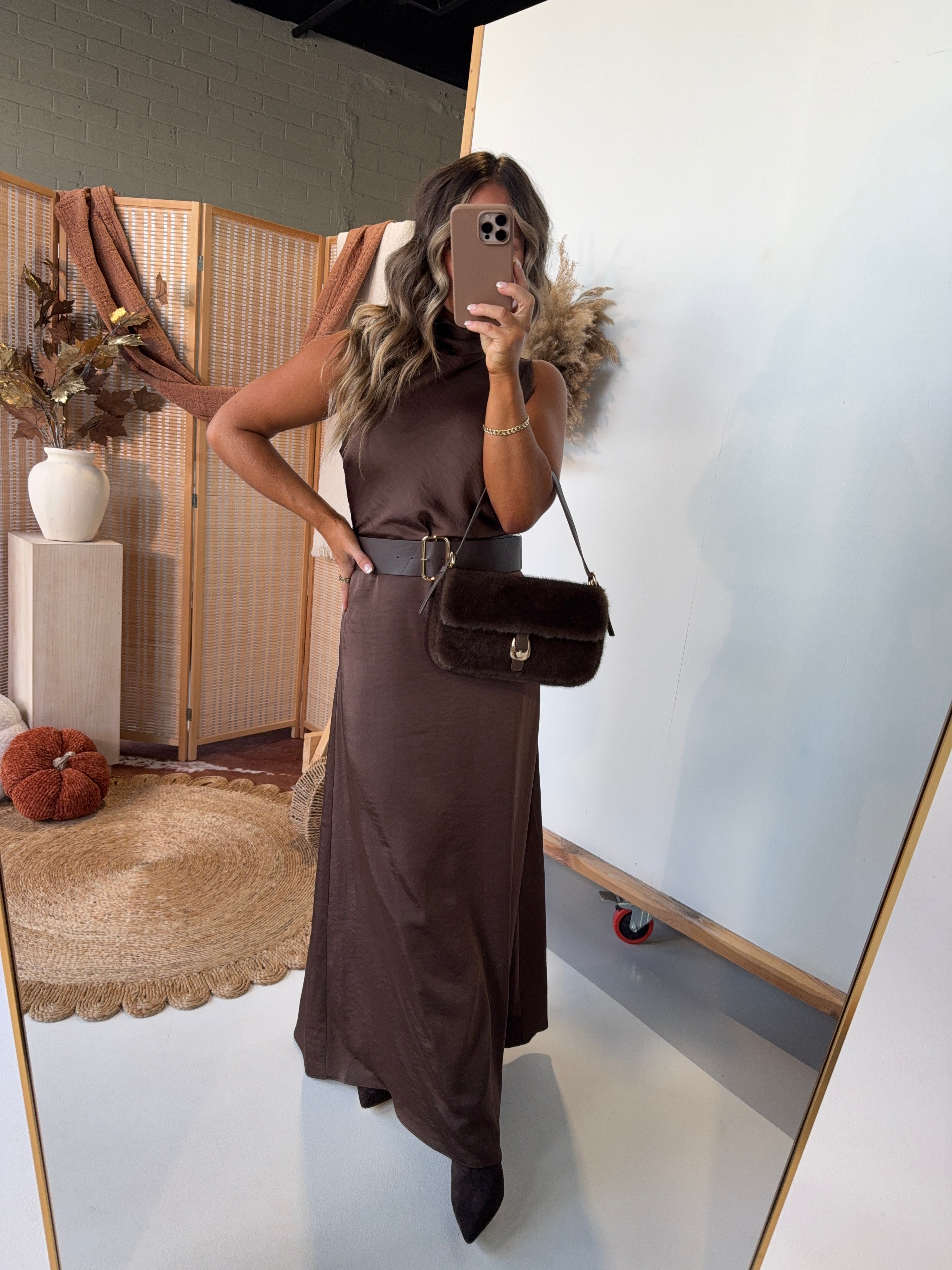 Bronzed Belted Maxi Dress Dark Brown