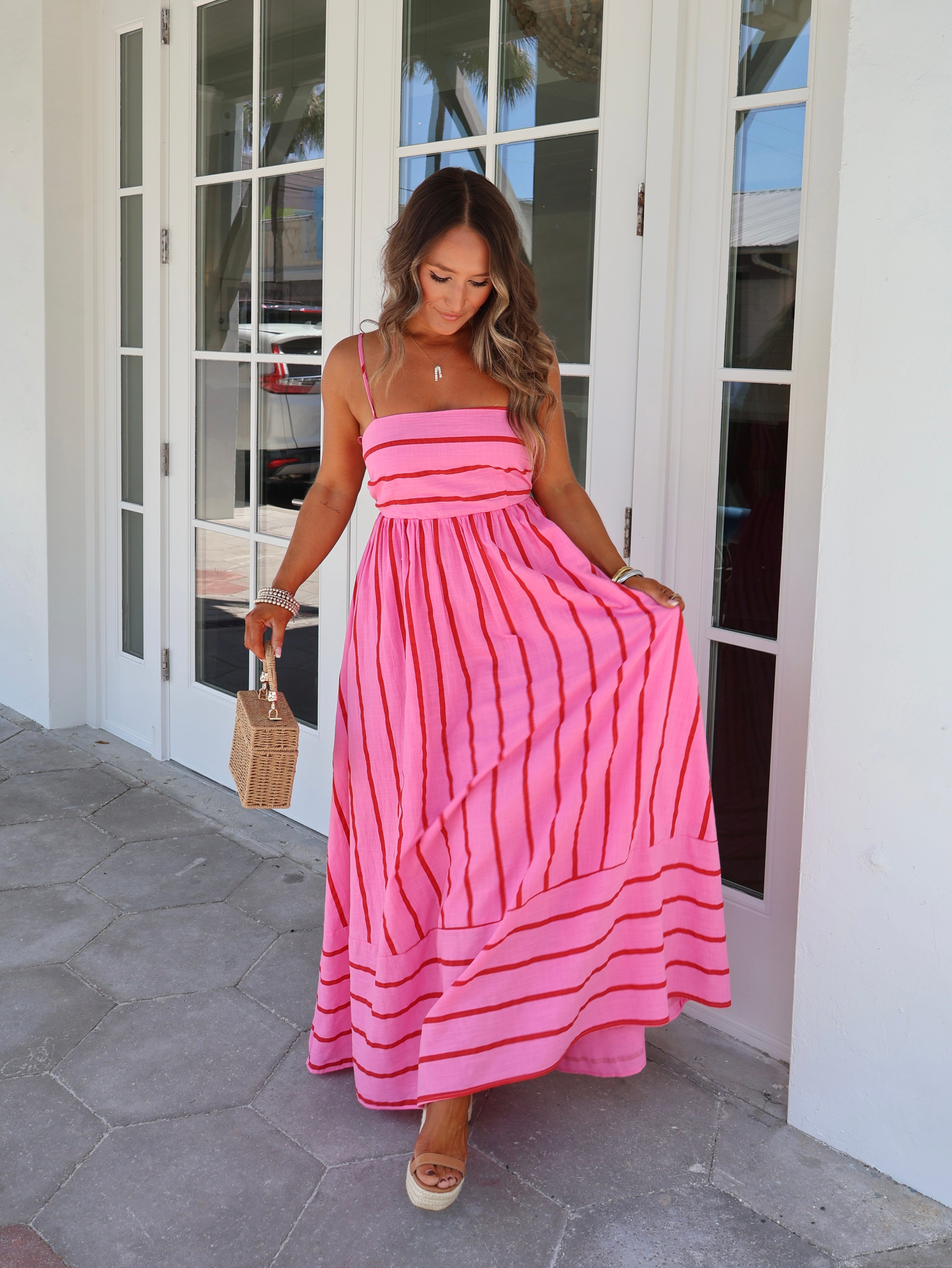 Cherry Blossom Striped Maxi Dress Pink Multi
