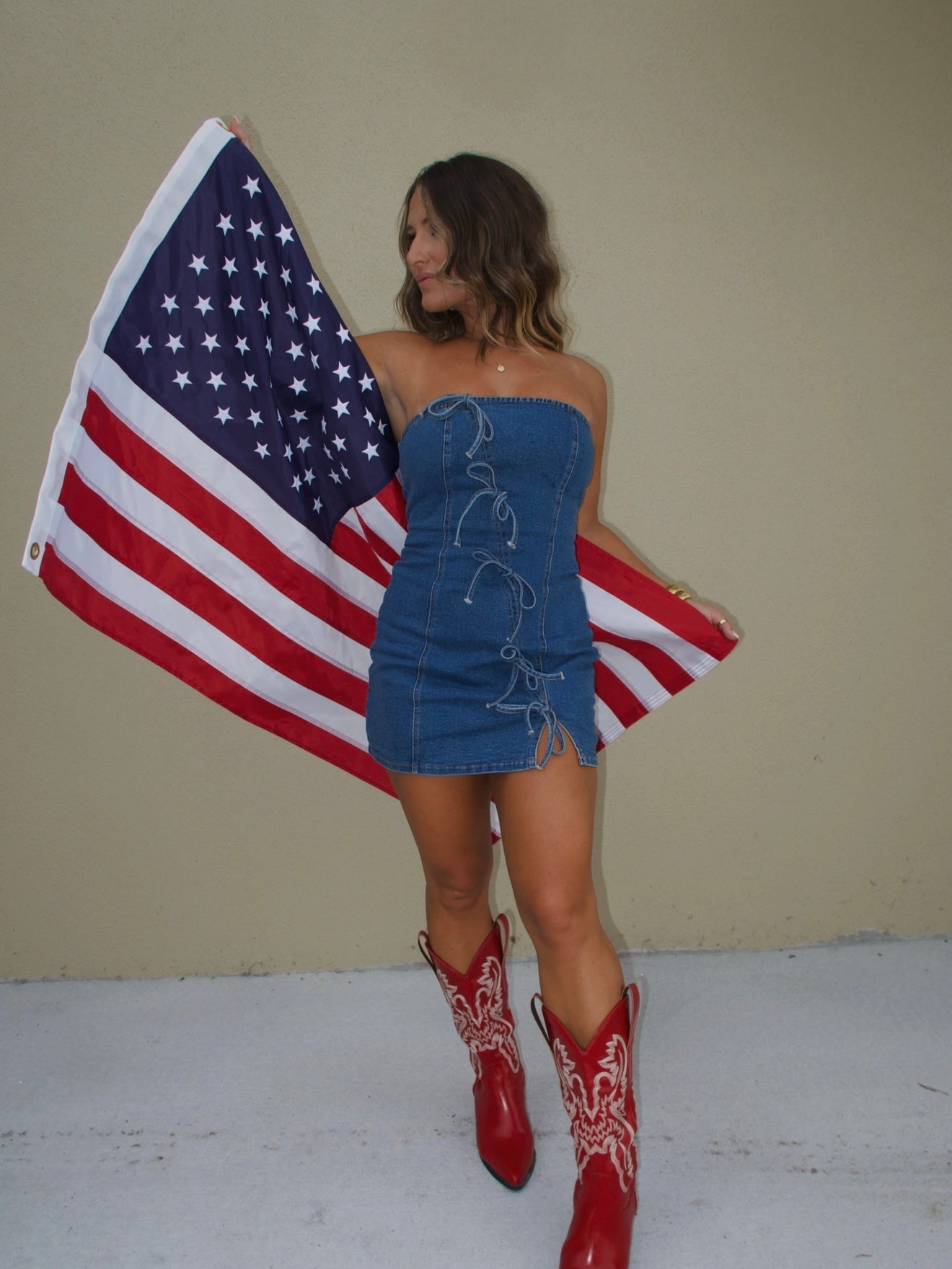 Little Blue Bow Strapless Mini Dress Denim