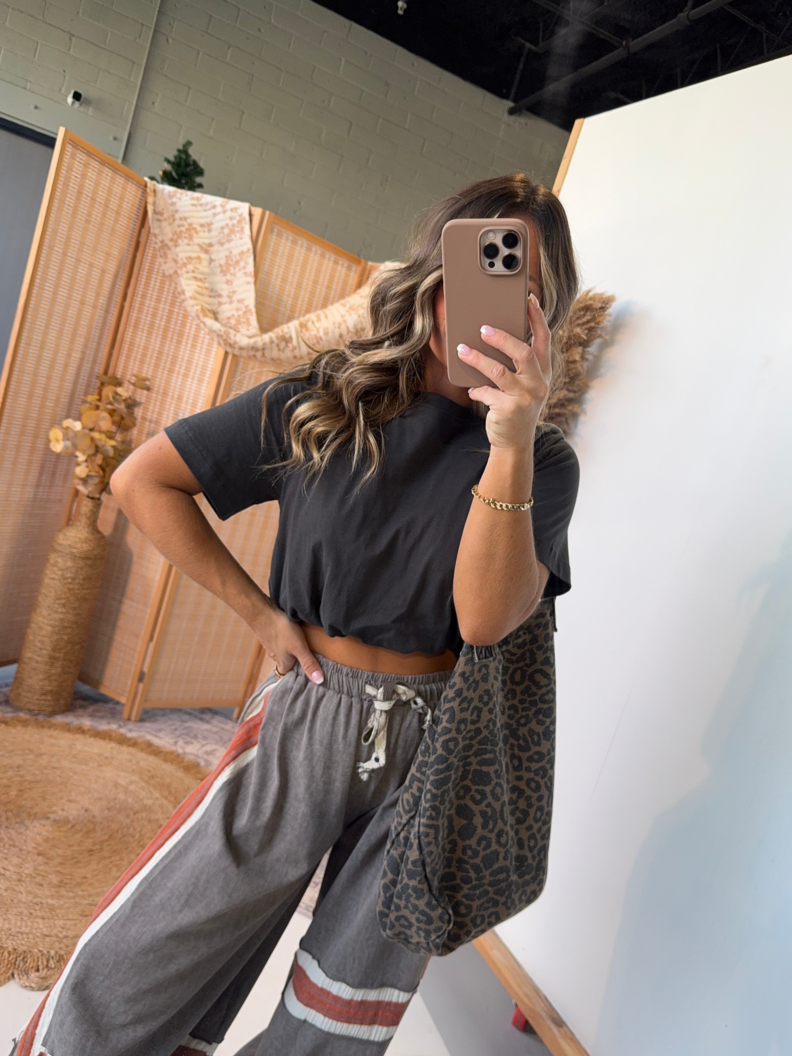 Small Talk Bubble Crop Top Washed Black