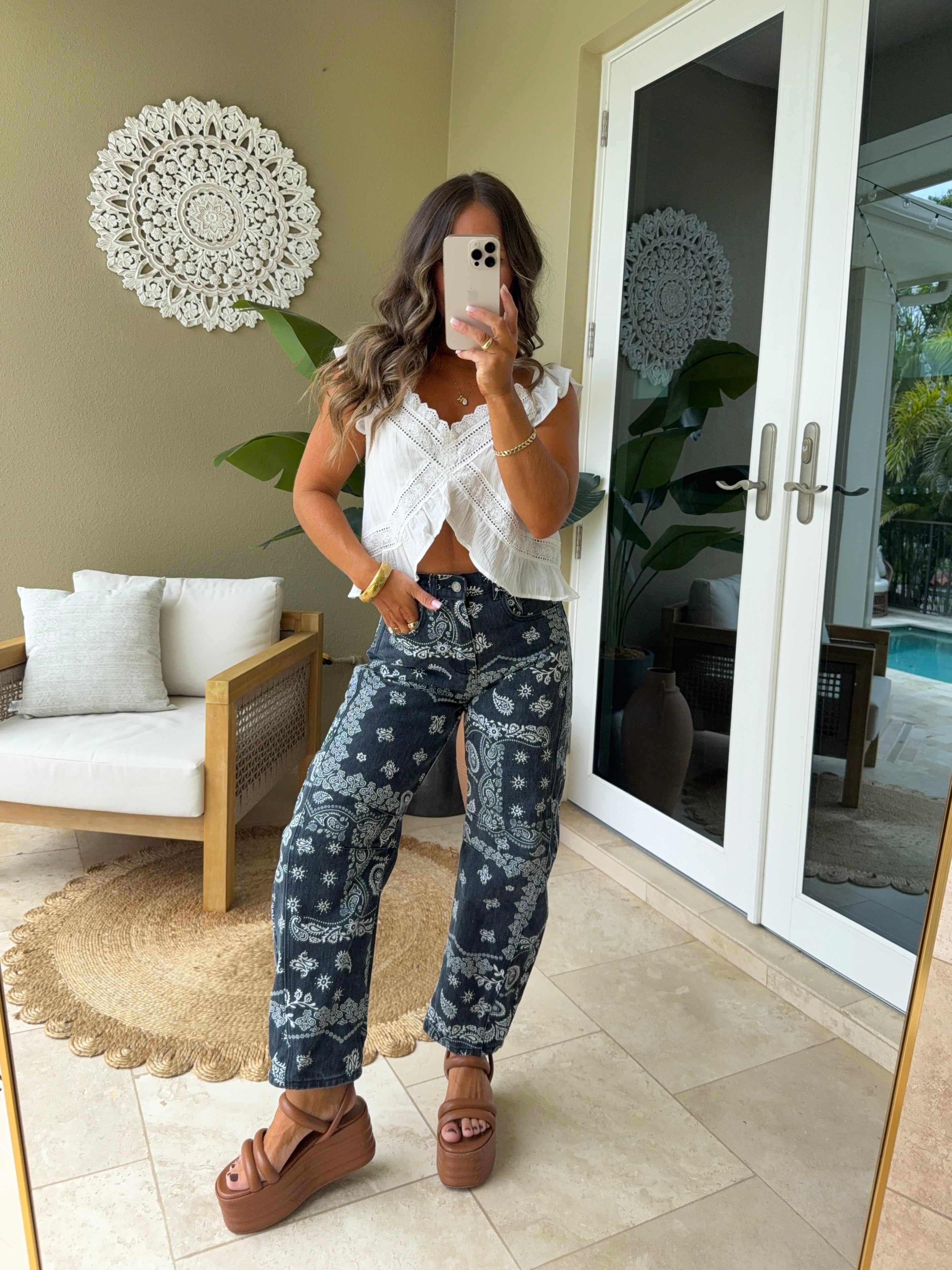 Midnight Paisley Denim Barrel Jeans Navy