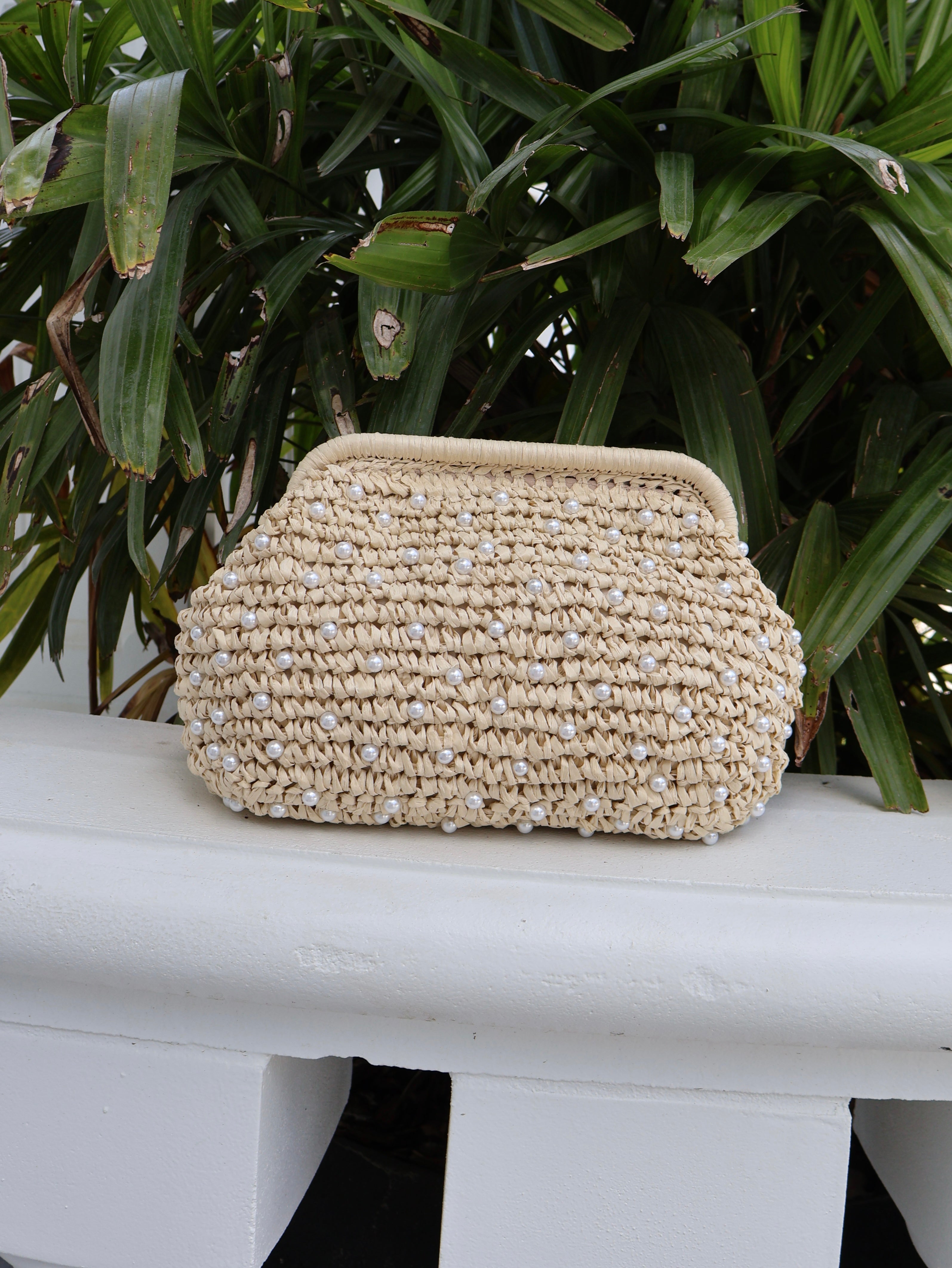 Champagne Pearl Raffia Clutch Ivory