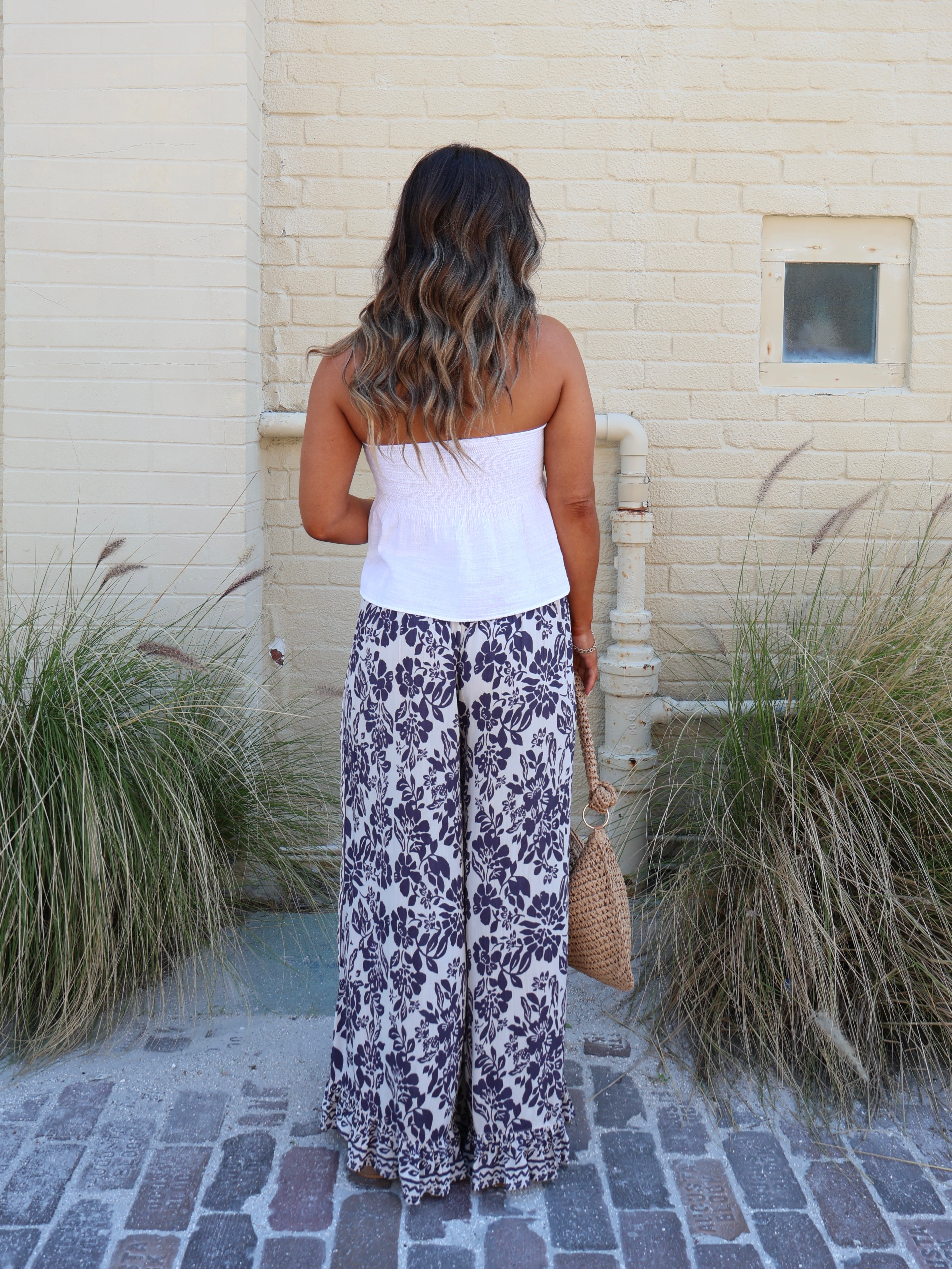 Shine On Me Floral Boho Pants Ivory/Indigo