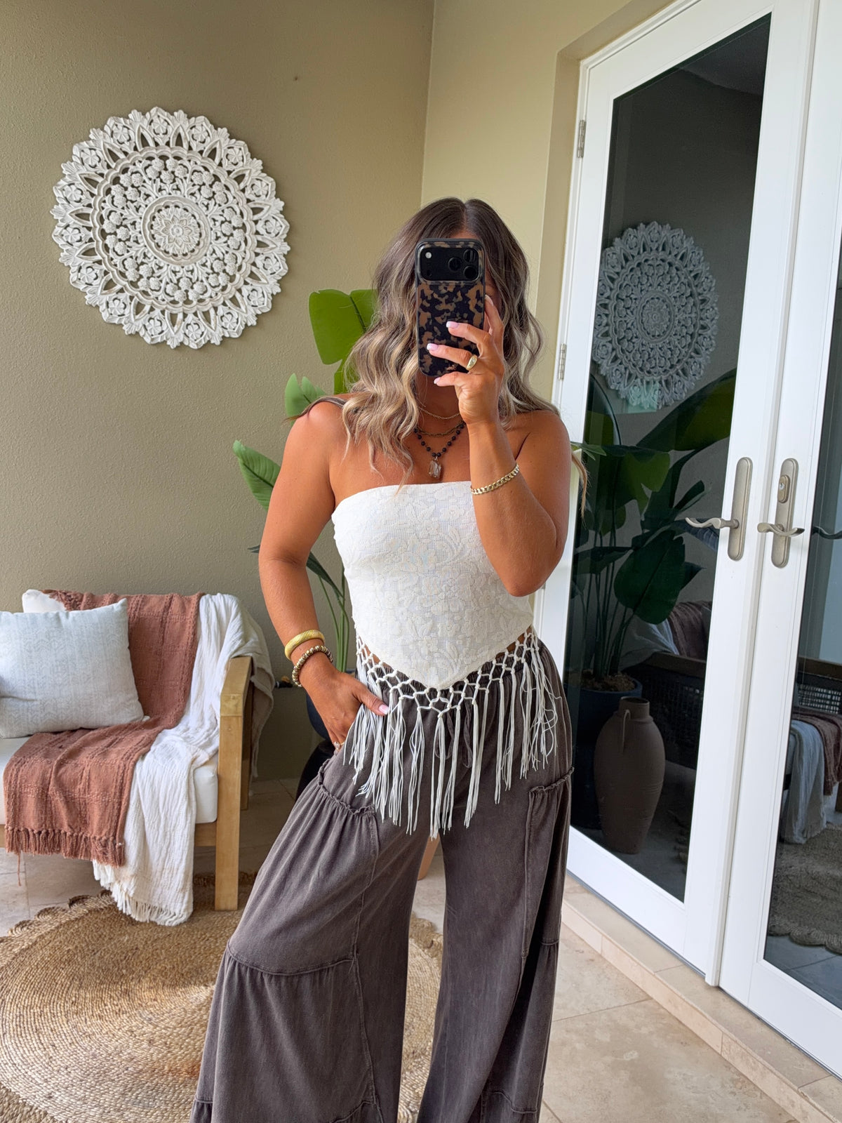 Mae Floral Fringe Tie Top Cream