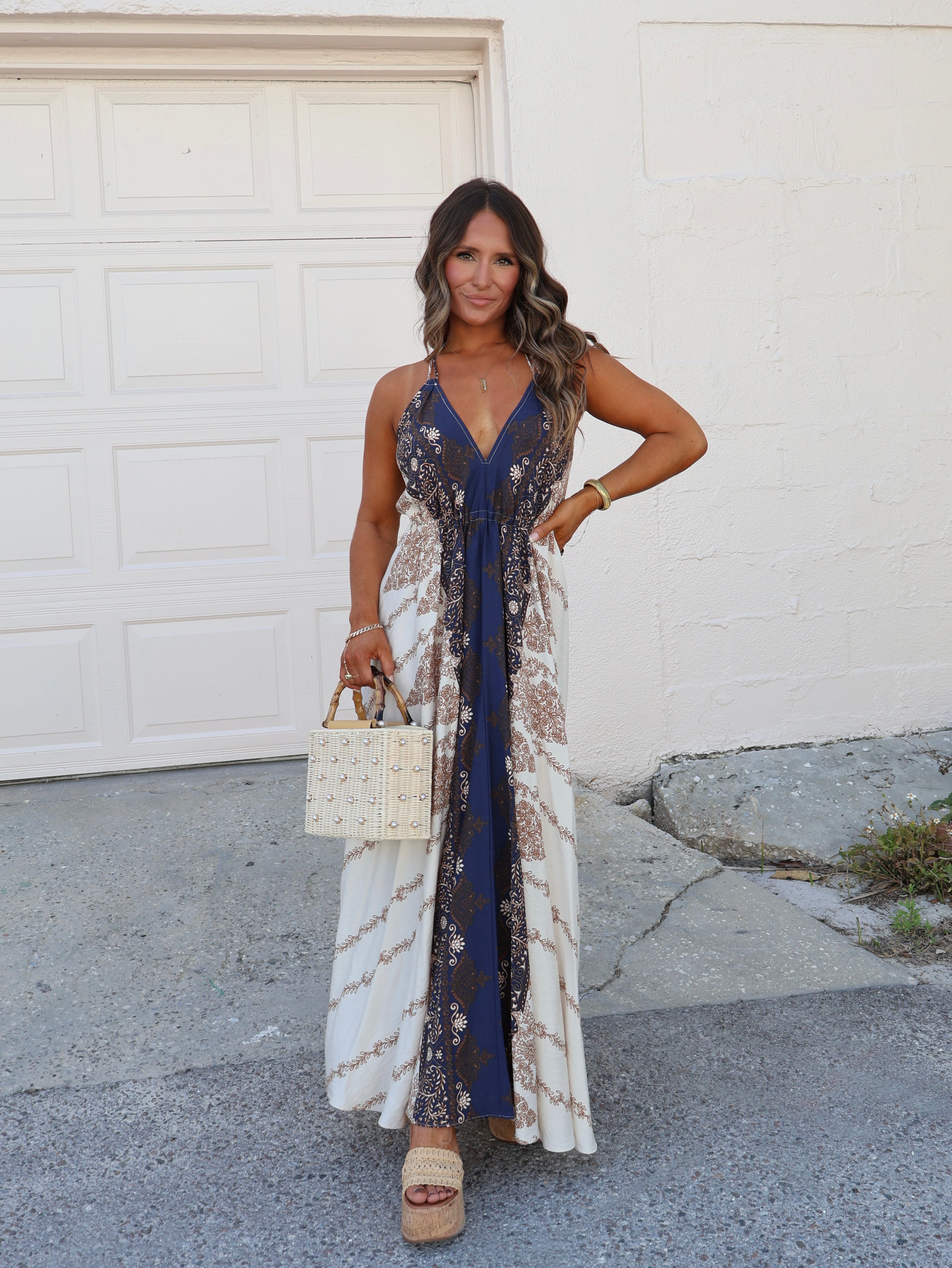 Boho Fields Halter Dress Oat/Navy