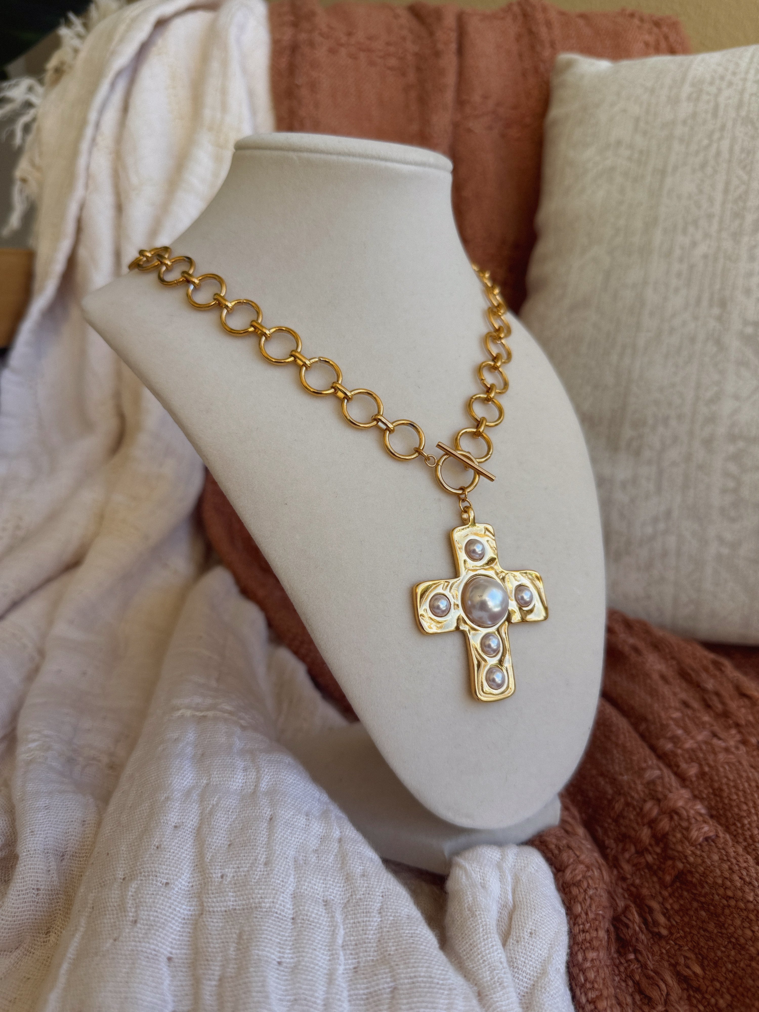 Maya Pearl Cross Necklace Gold