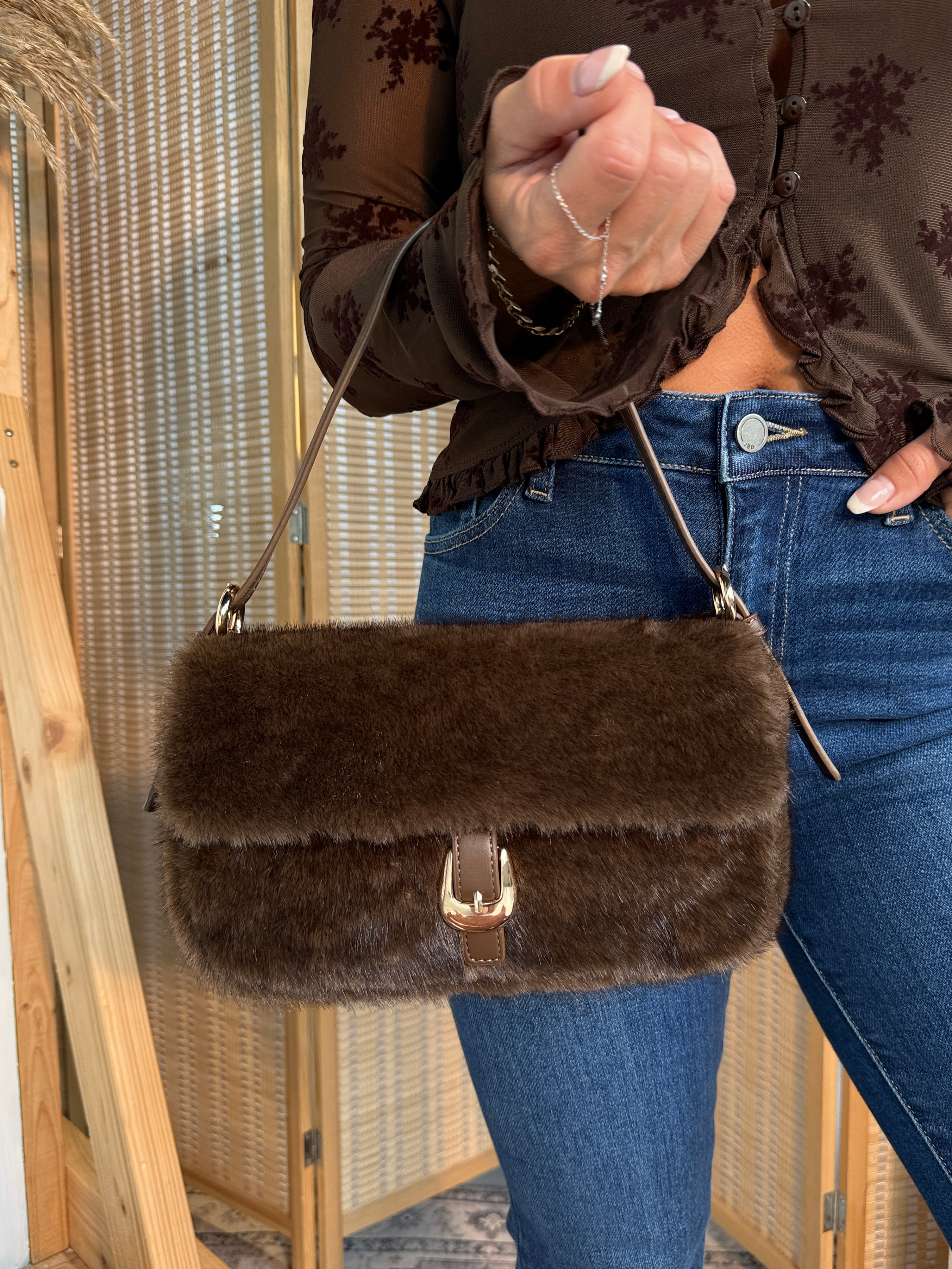 Gloria Faux Fur Shoulder Bag Chocolate
