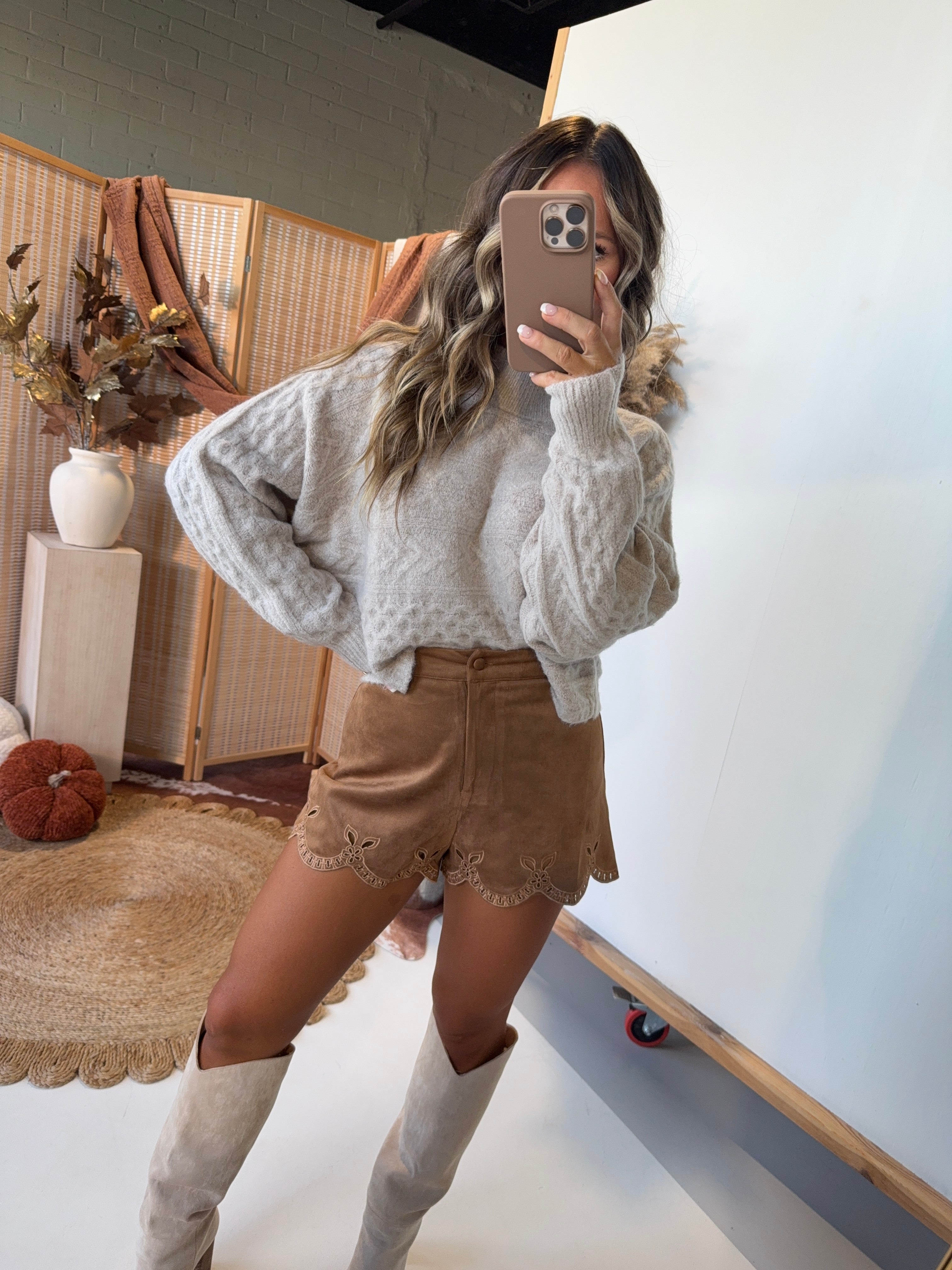 Be Mine Eyelet Shorts Camel