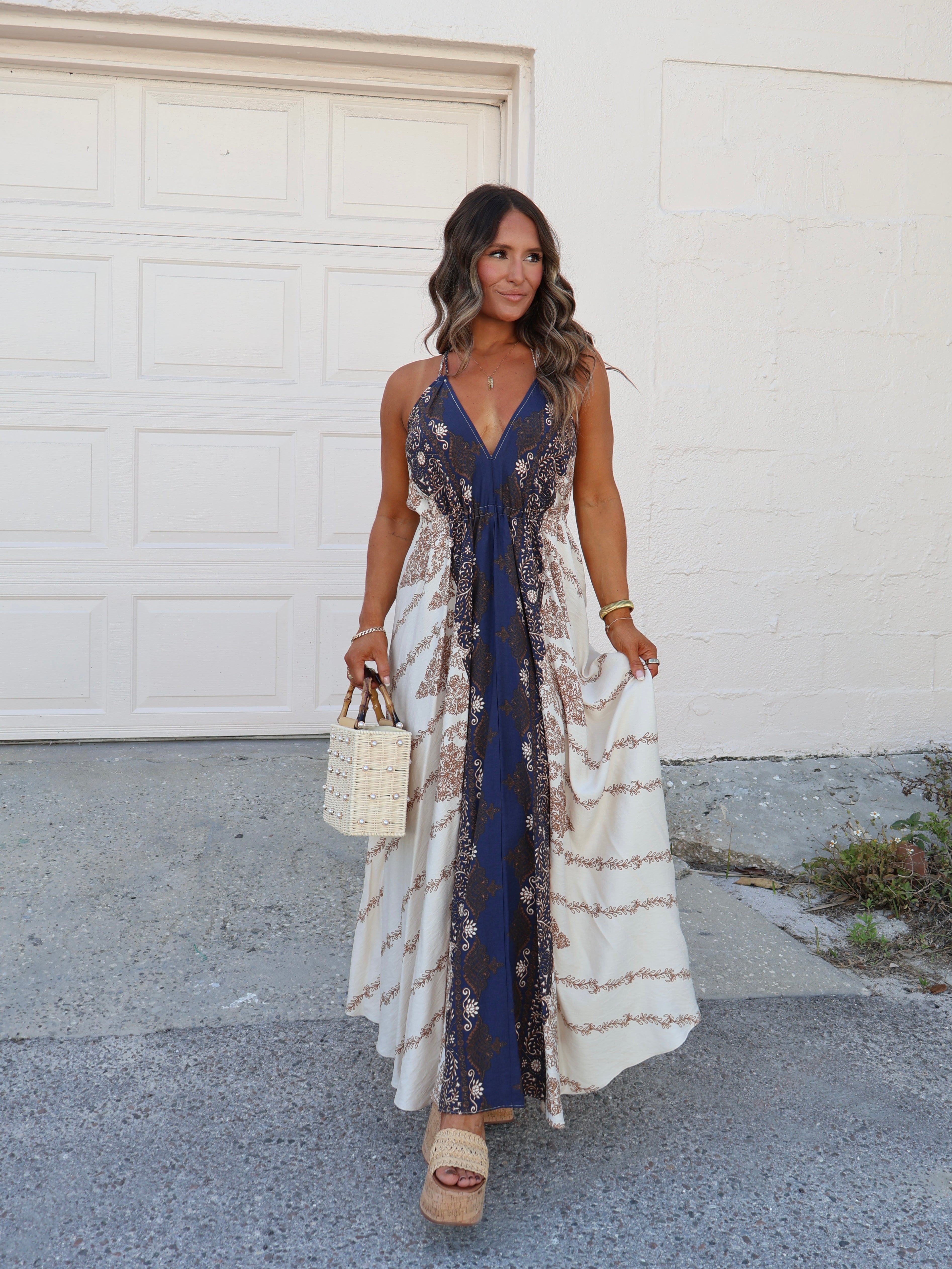 Boho Fields Halter Dress Oat/Navy