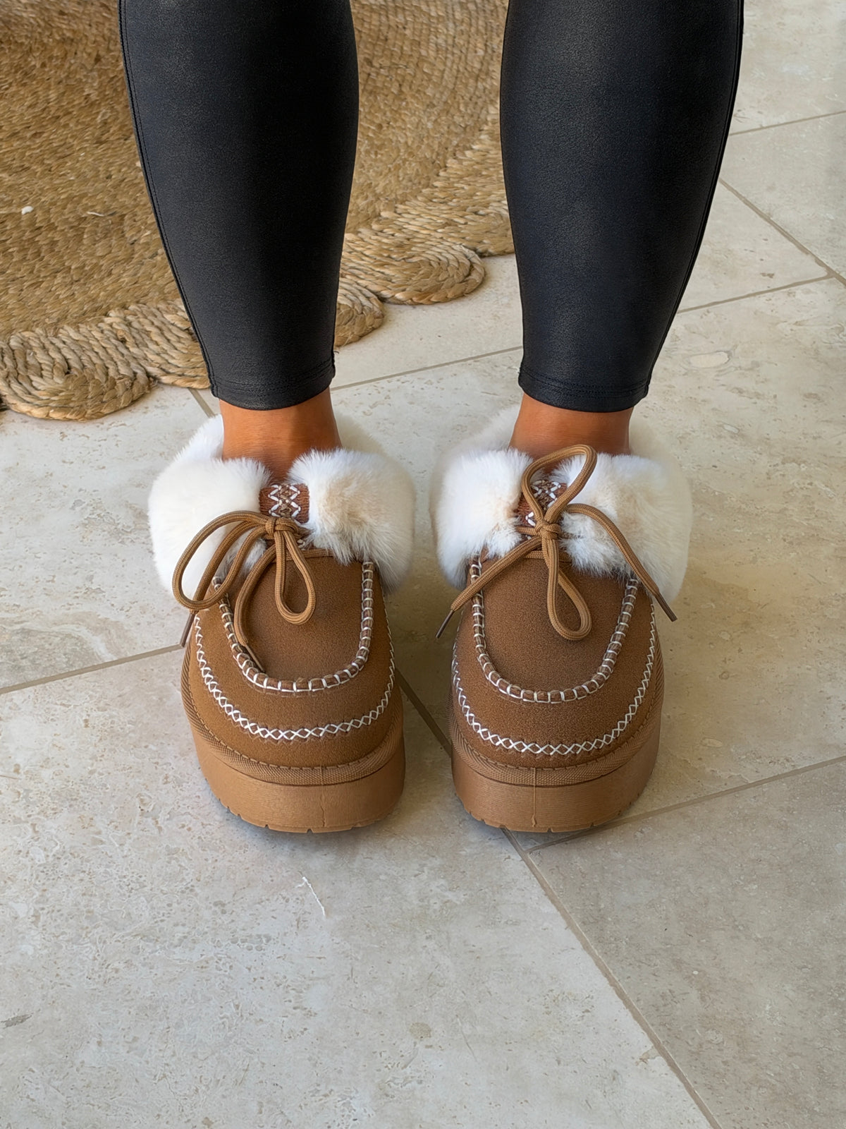Stasia Fur-Lined Suede Slides Camel
