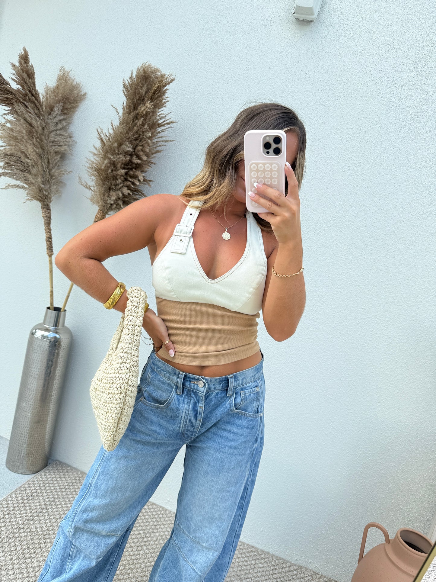 Good Day Buckle Halter Top Tan