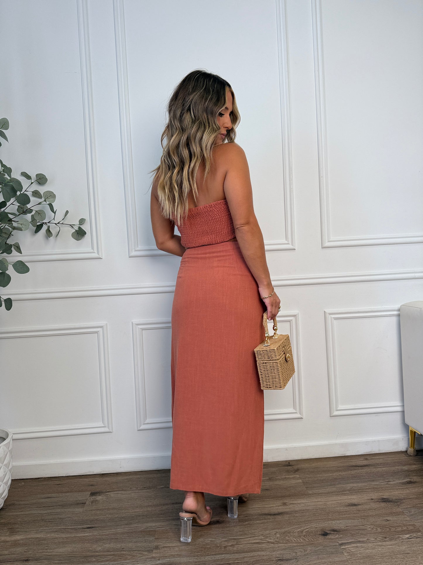 Marigold Drip Maxi Skirt Set Rust