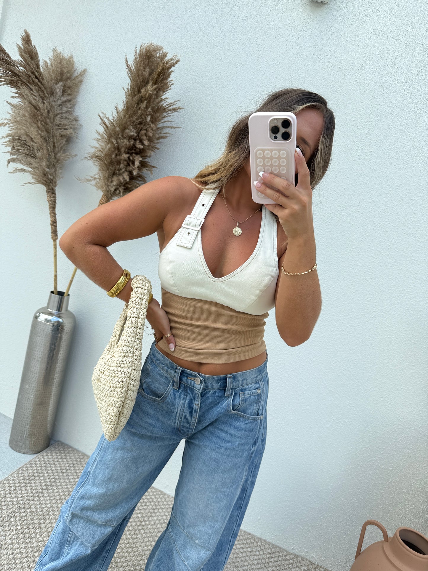 Good Day Buckle Halter Top Tan