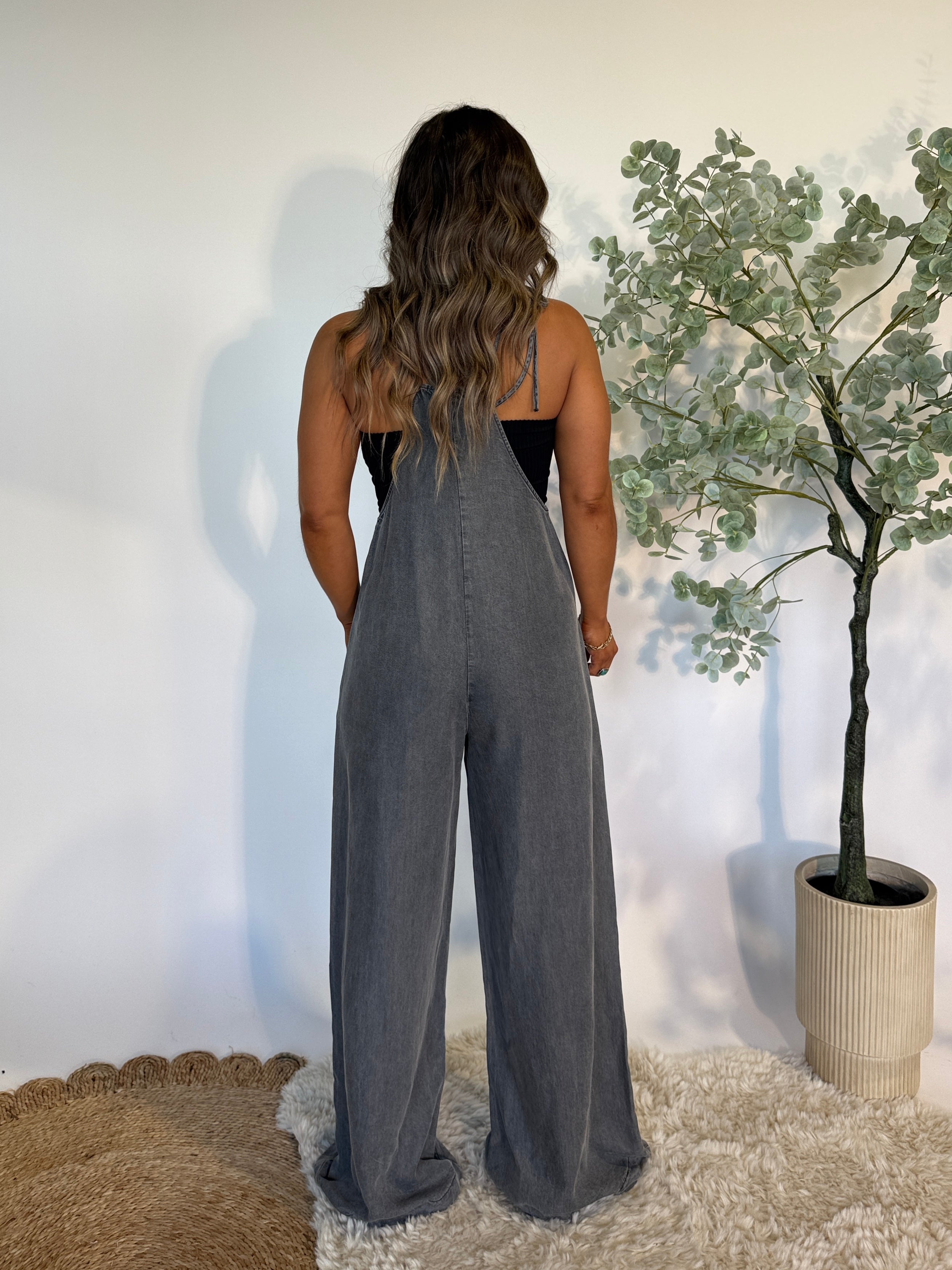 Farrah Tencel Wide Leg Overalls Black