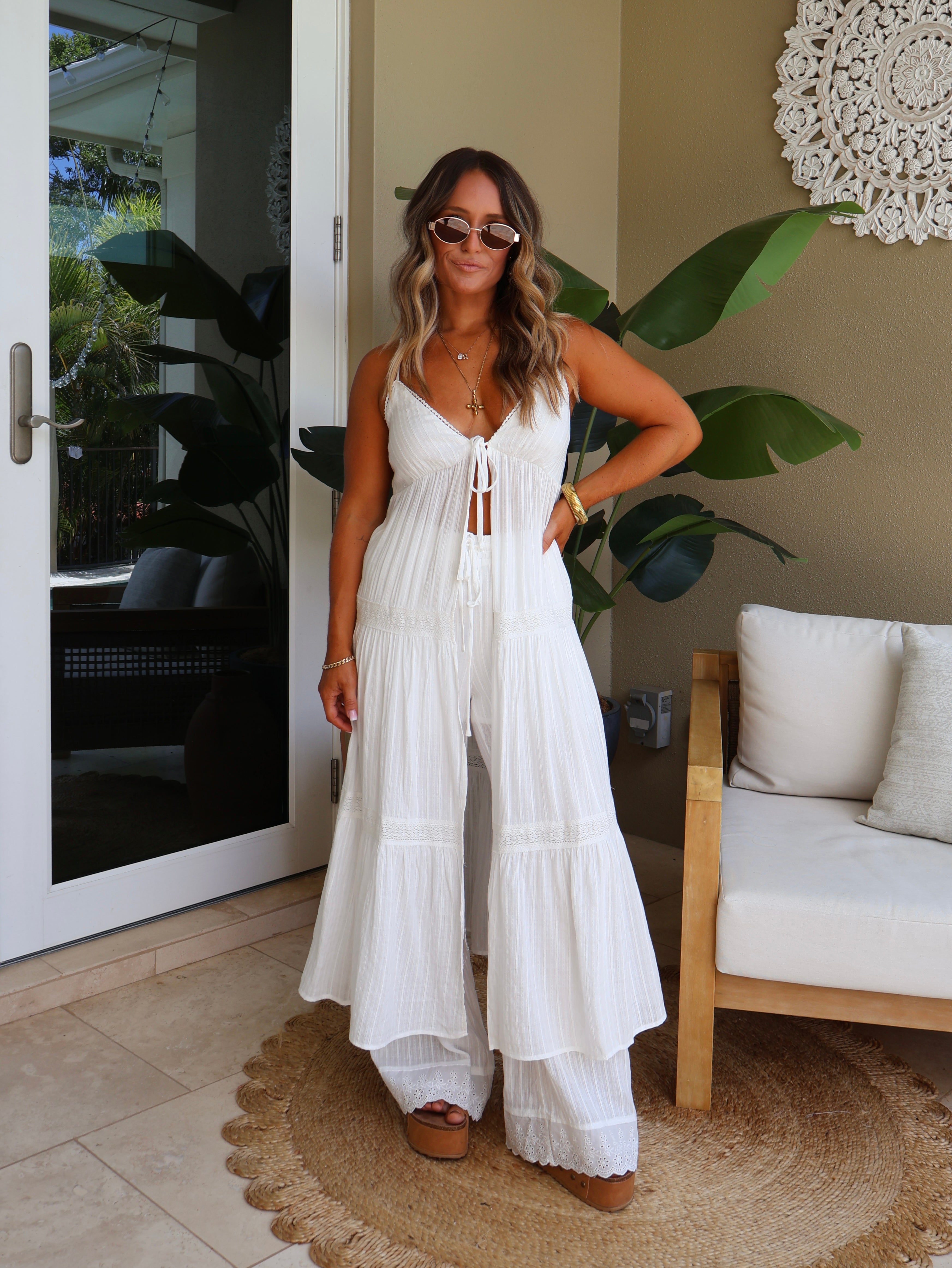 Juliet Lace Trim Pants Set White