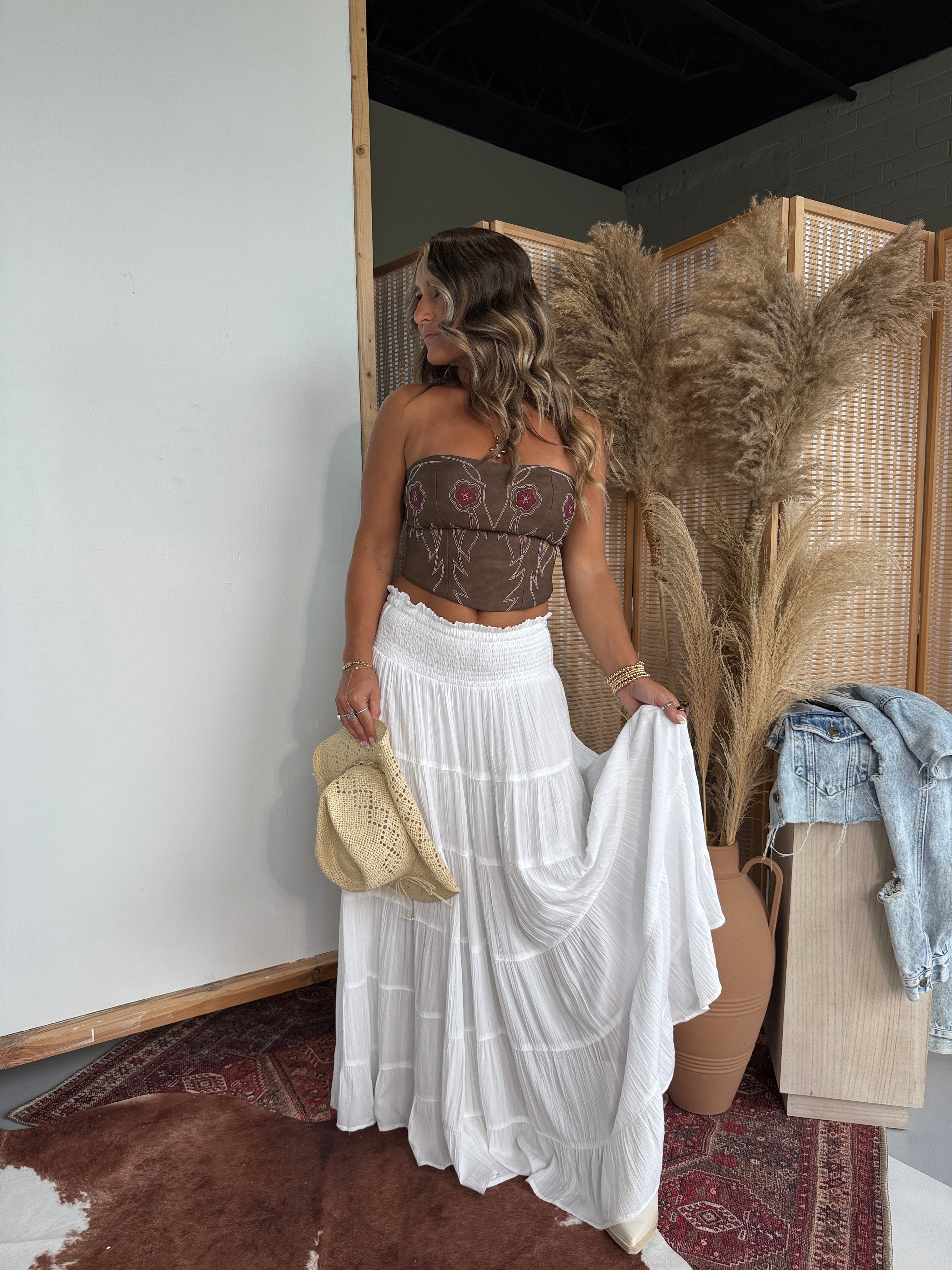 Hayloft Honey Tiered Maxi Skirt White