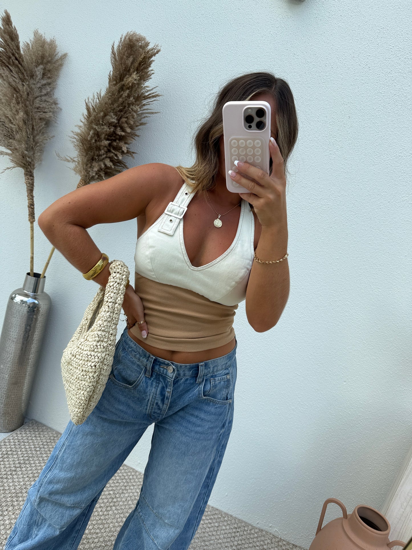 Good Day Buckle Halter Top Tan