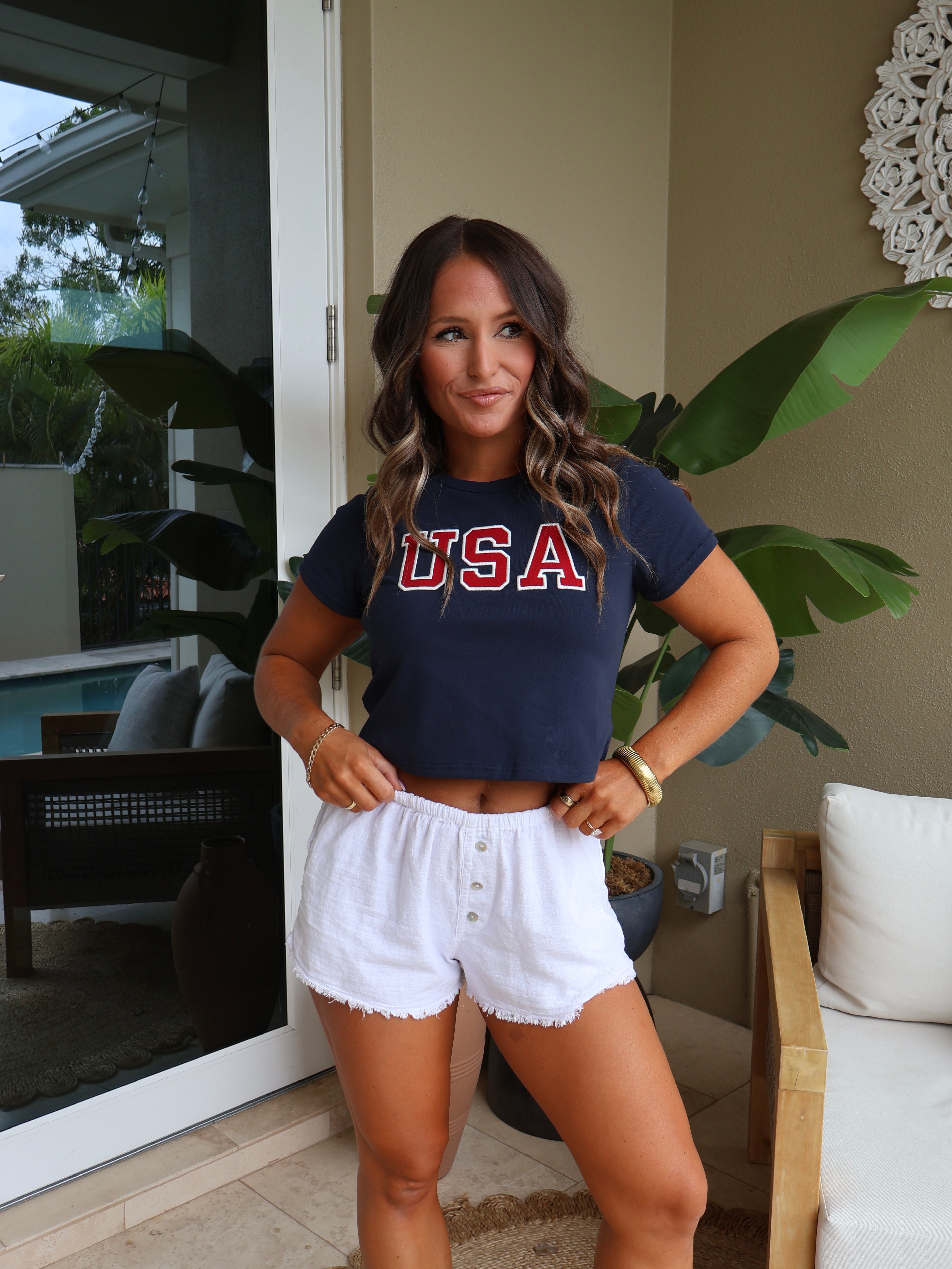 USA Embroidered Baby Tee Navy/Red