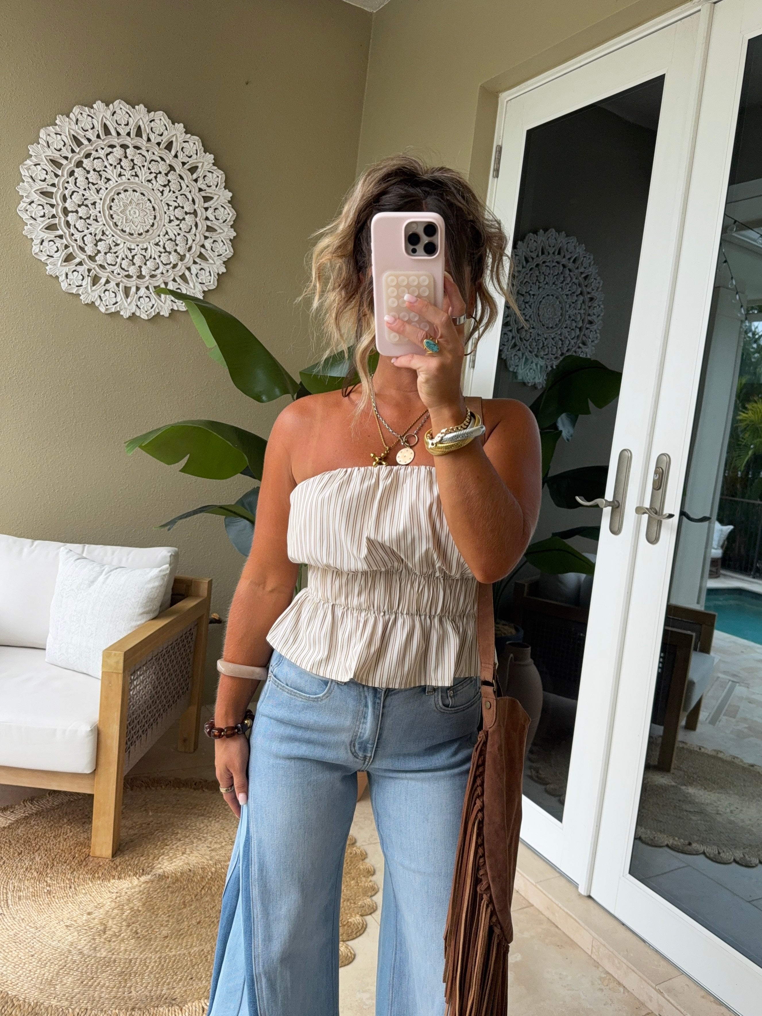 Aspen Pinstripe Peplum Top Beige/Brown