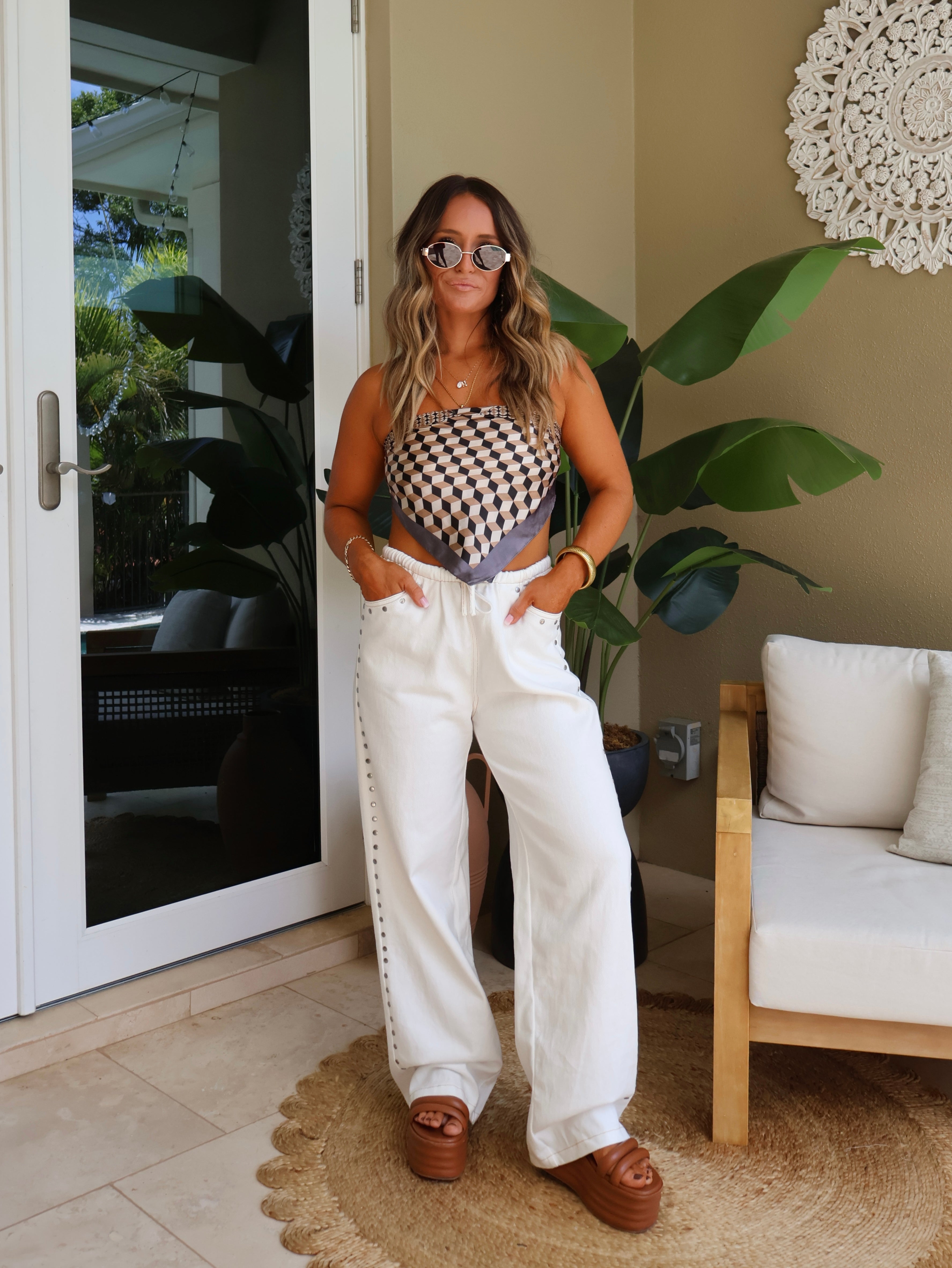 Lennon Studded Denim Pants White
