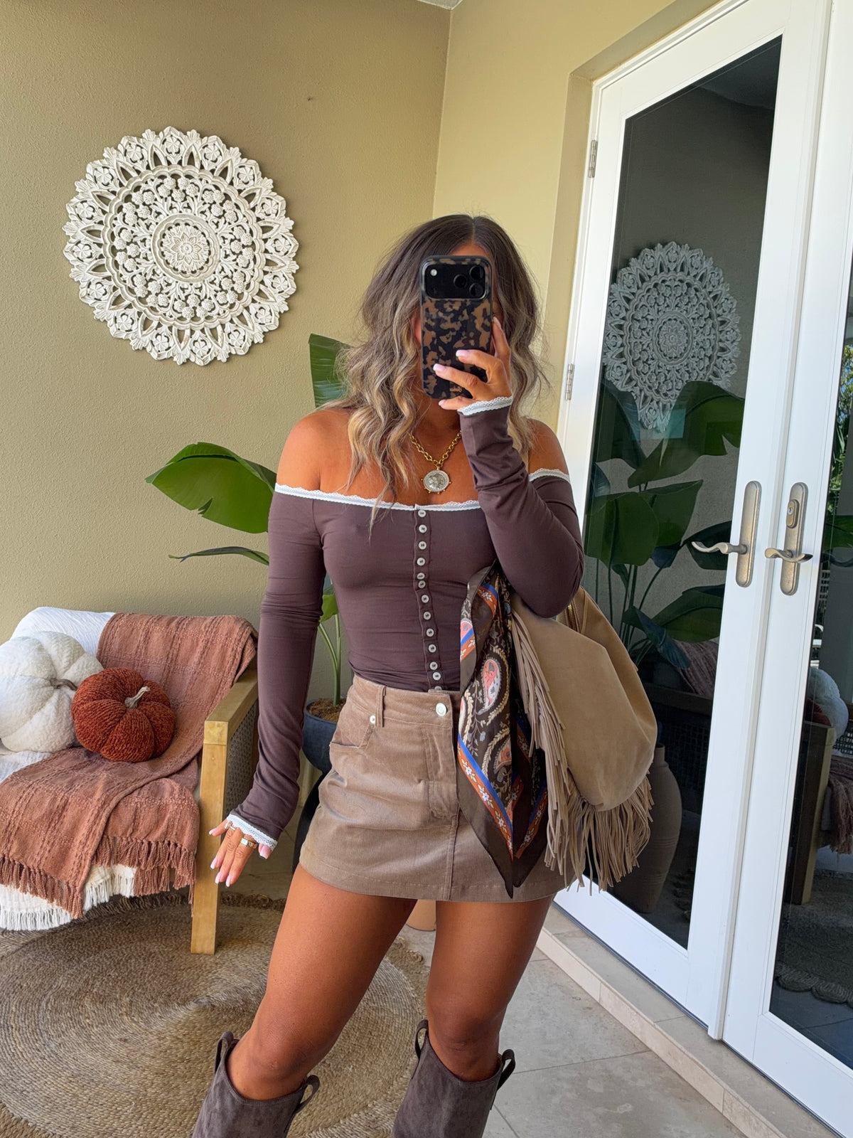 Dahlia Lace Trim Off Shoulder Top Brown
