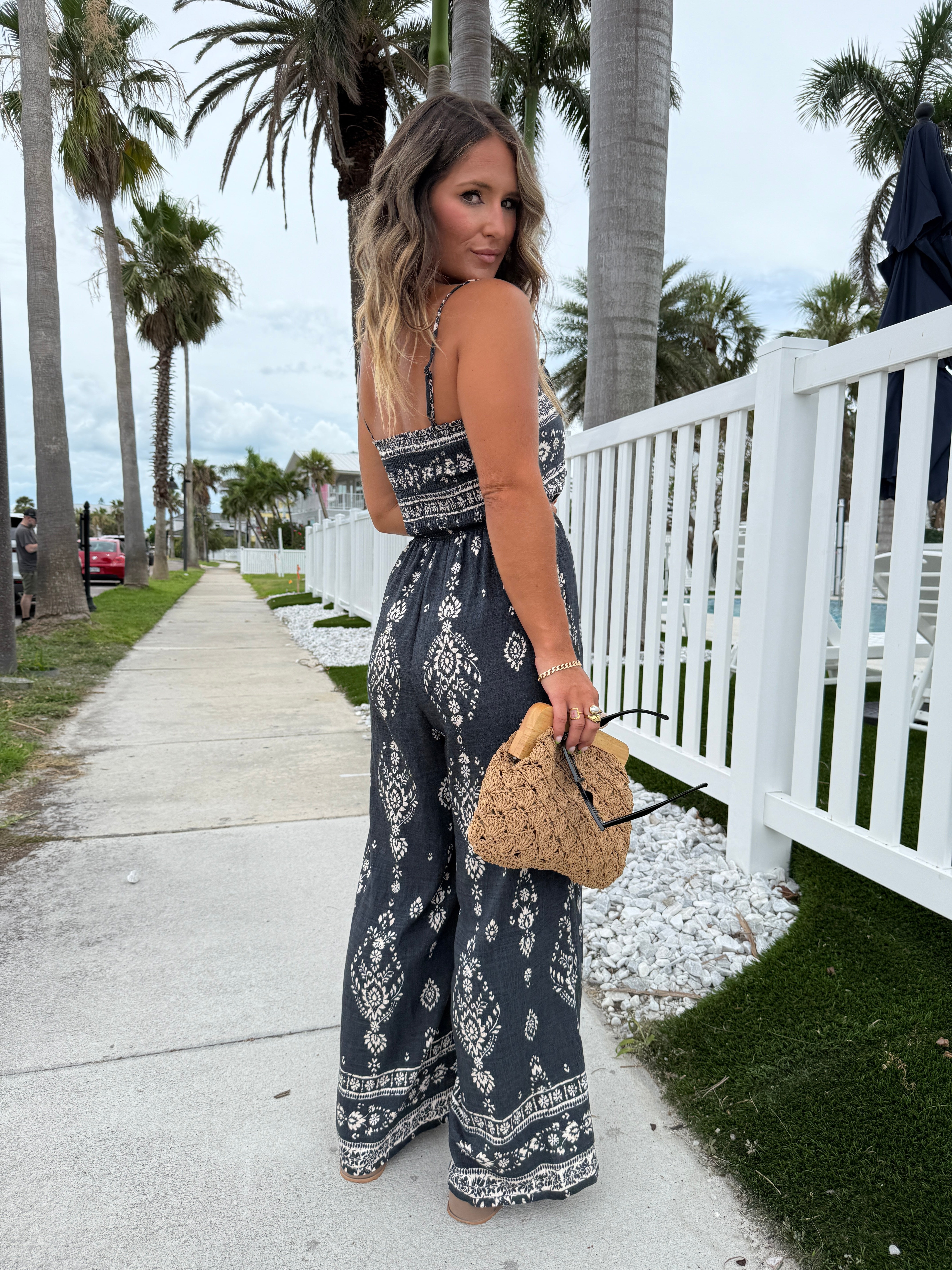 South of the Boarder Smocked Jumpsuit Navy