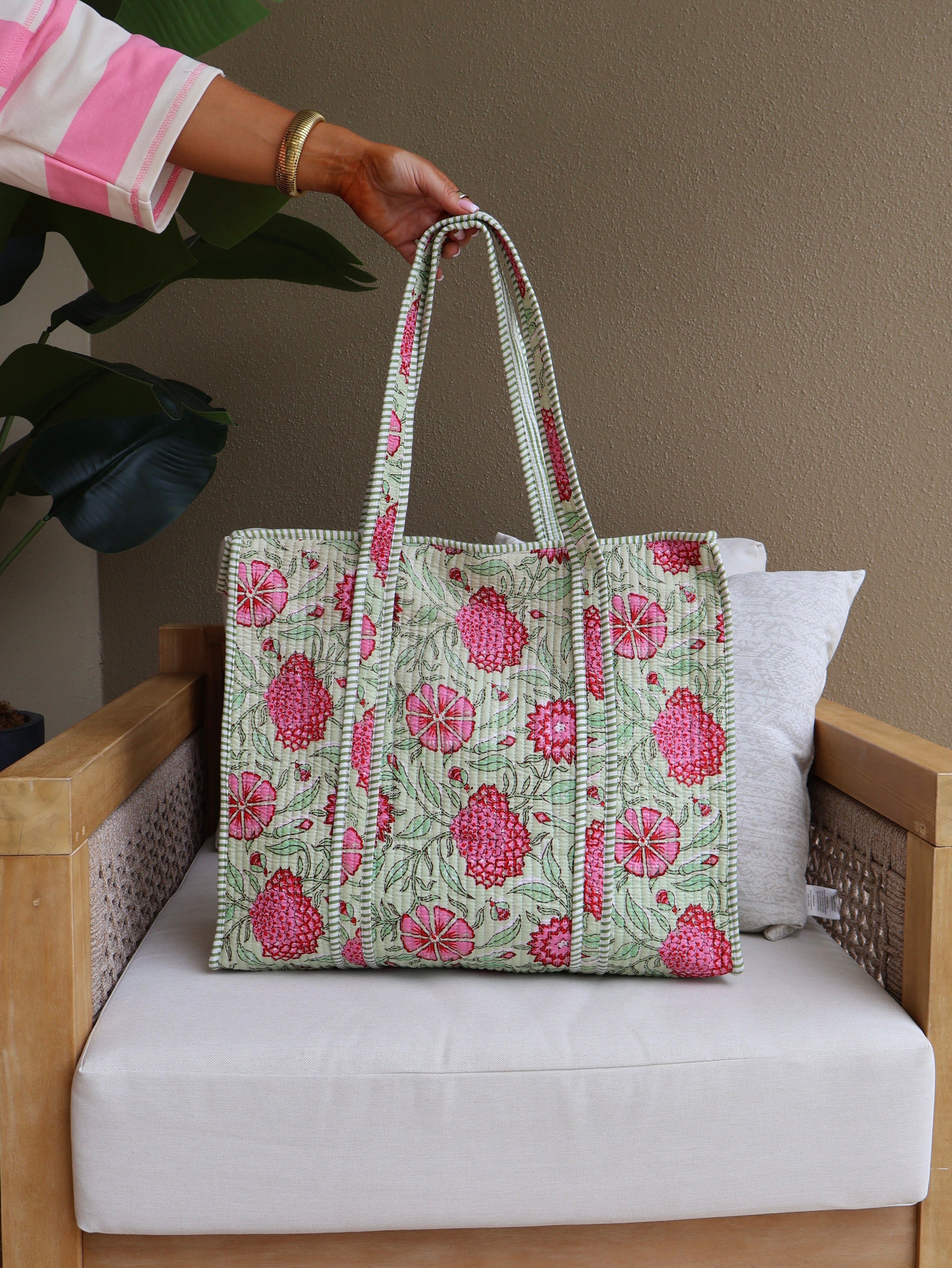 Flower Child Boho Quilted Tote Mint Multi