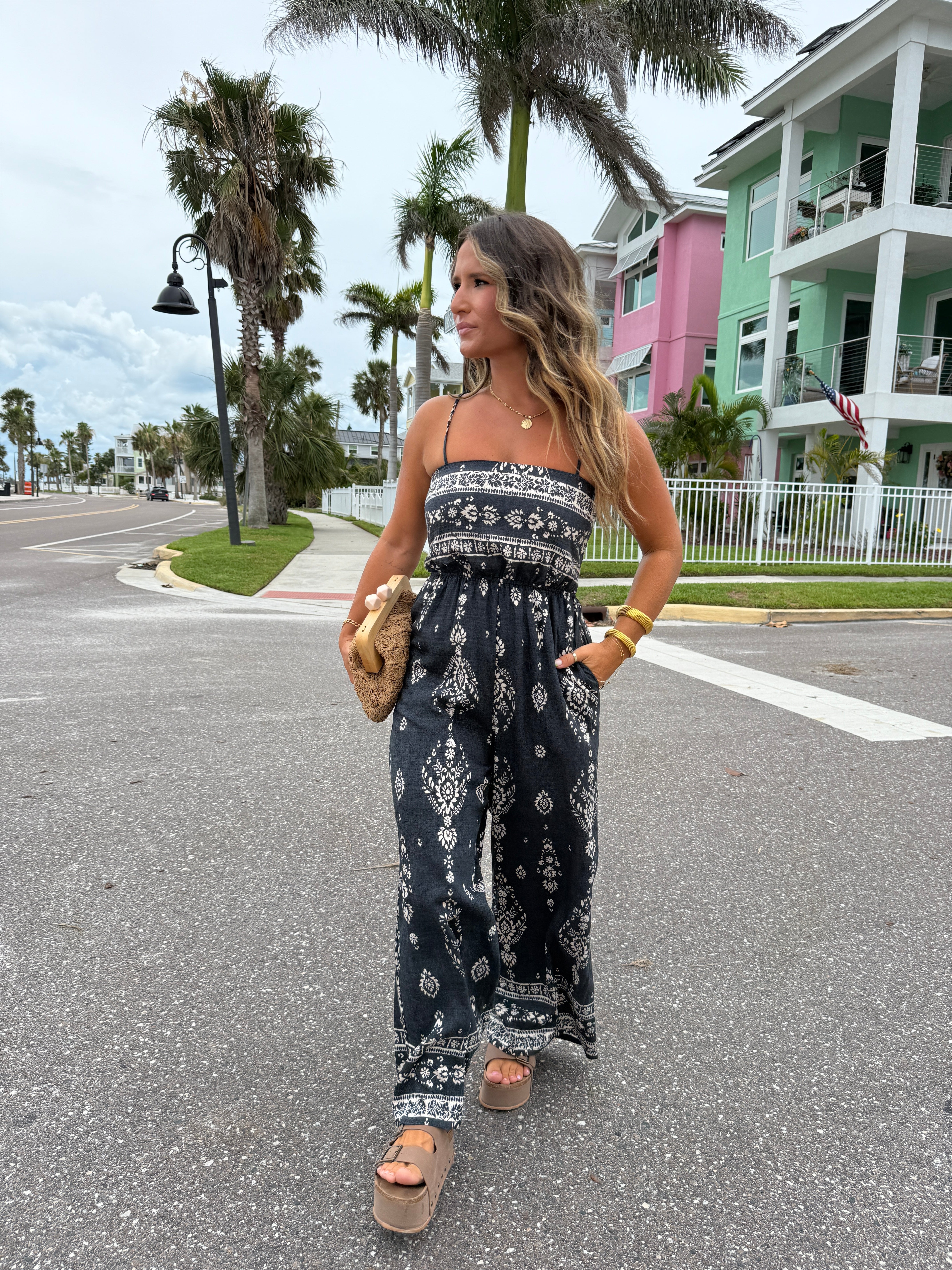 South of the Boarder Smocked Jumpsuit Navy