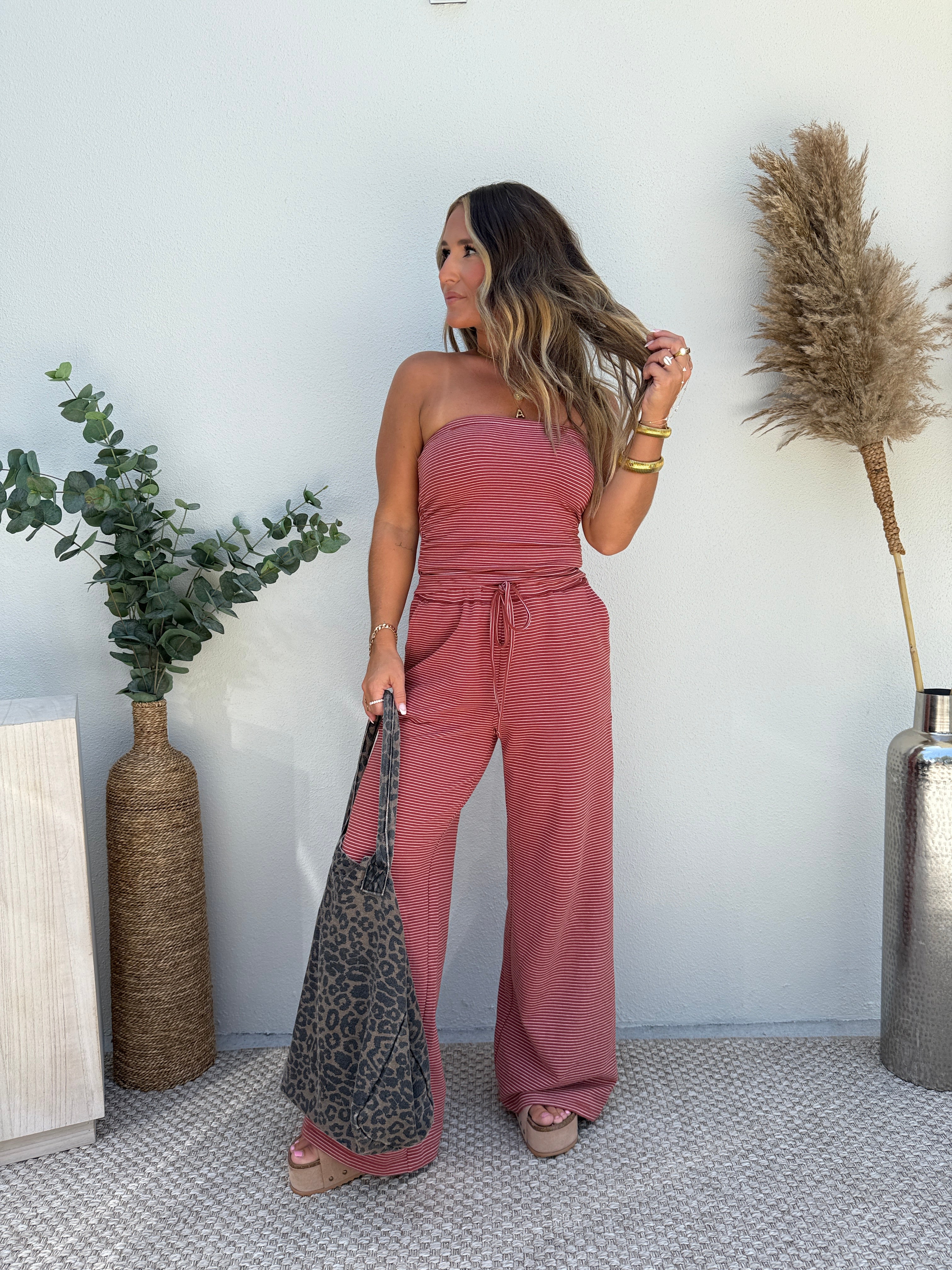 Lounge Luxe Pants Set Striped Rust