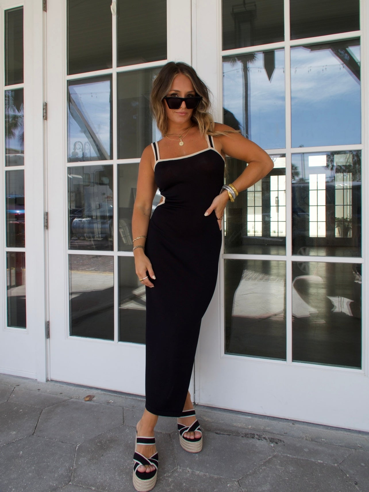 Beachside Contrast Knit Midi Dress Black