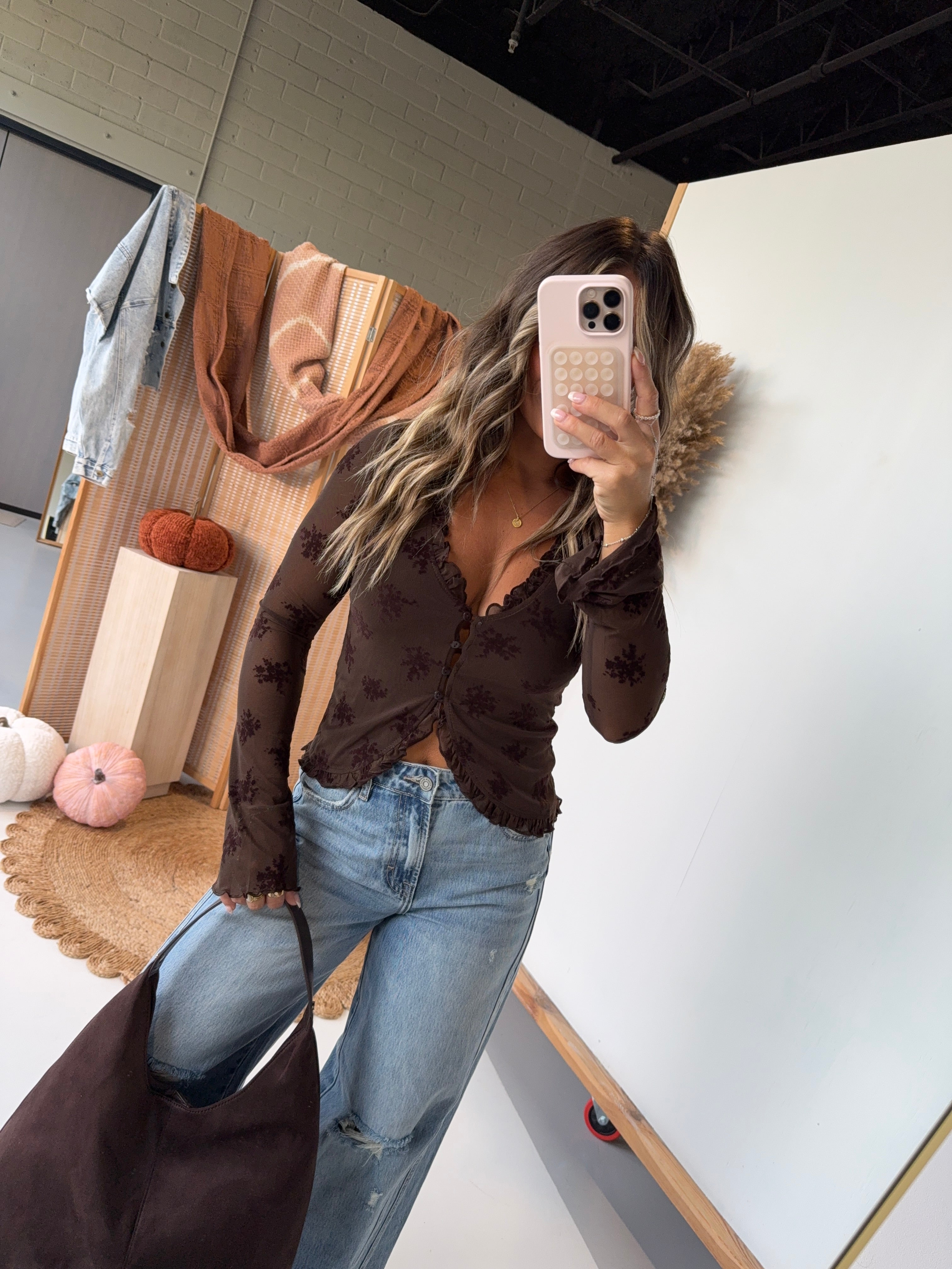 Spiced Flutter Sleeve Mesh Top Dark Brown